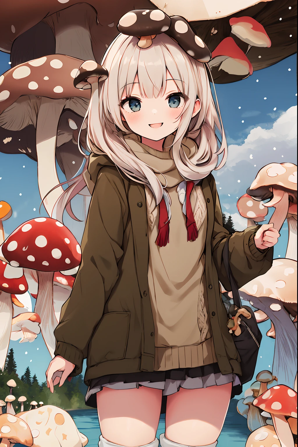 masterpiece, best quality, highres, 1girl, hair scrunchie, middle breast, cowboy shot, standing, smile, (mushroom on head:1.3), winter clothing