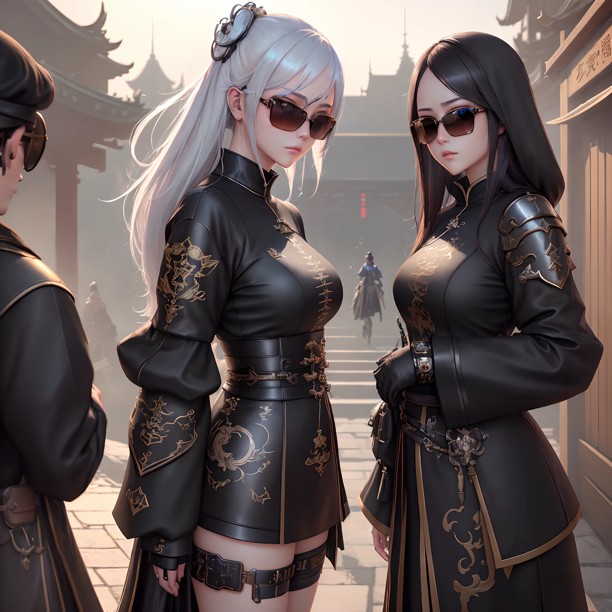 (masterpiece), (high resolution), (best quality), ultra-detailed, beautiful eyes, detailed eyes, mmorpg character, chinese architecture, vetements, prada, oversized clothes, ootd, streetwear, armor, looking at camera, front view, beautiful face, cinematic lighting, mmo, lineage 2, official artwork, mmo art, perfect world game, (wearing sunglasses:1.4)