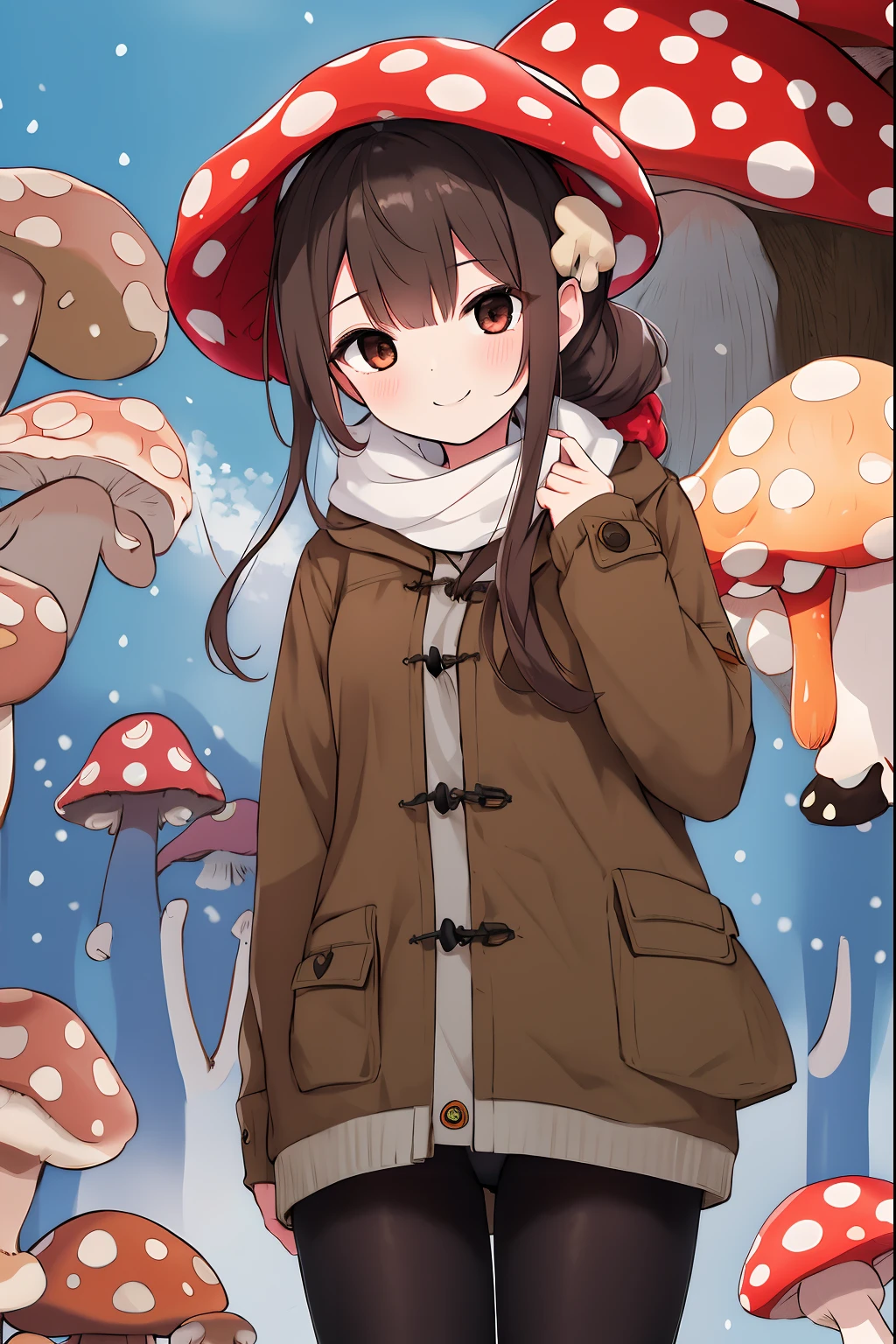 masterpiece, best quality, highres, 1girl, hair scrunchie, middle breast, cowboy shot, standing, smile, (mushroom on head:1.3), winter clothing