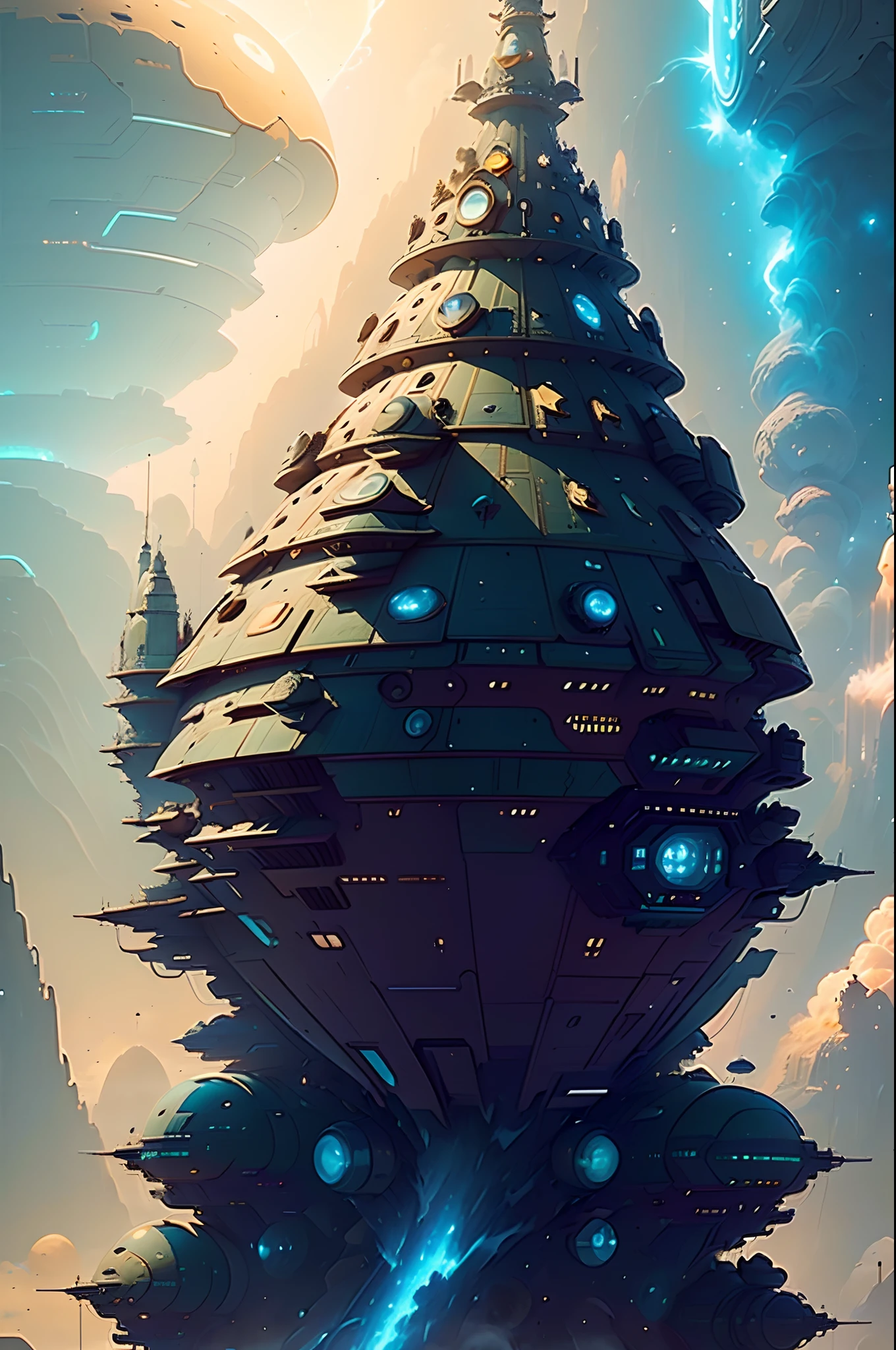 A huge spaceship,Conical type,Spiral outer wall structure,Detailed hull details,Full of art,Cosmic galaxy background,Doomsday scenario,Crumbling earth,a volcano erupts,energy blast,The fleeing spaceship,((Best quality)), ((Masterpiece)), (dramatic scene), (Epic composition:1.2), (CG animation:1.1)