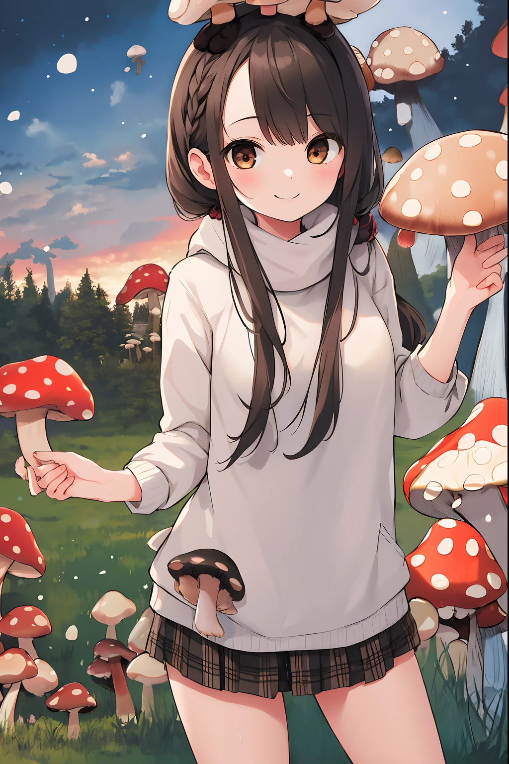 masterpiece, best quality, highres, 1girl, hair scrunchie, middle breast, cowboy shot, standing, smile, (mushroom on head:1.3), winter clothing