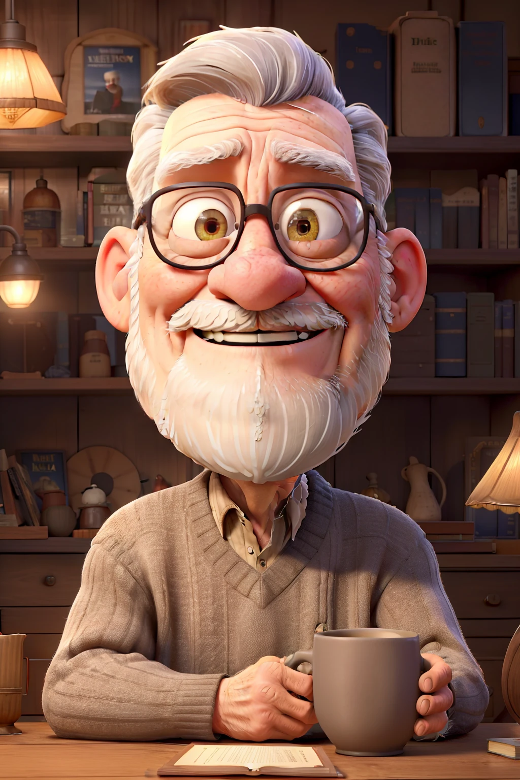 An old man with a beard and gray hair, (best quality, 4k, highres, realistic), detailed features, wise eyes, fine wrinkles, charismatic smile, wearing a cozy sweater, sitting in a vintage armchair, surrounded by shelves filled with books, with a warm and dimly lit atmosphere, creating a nostalgic feeling.
