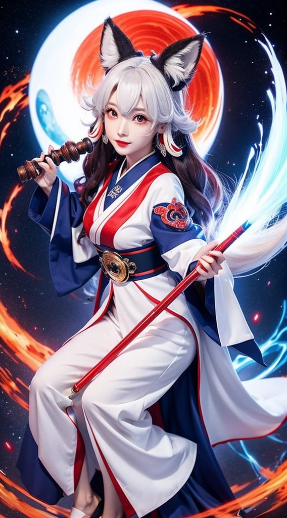 Fox Onmyoji、Holding a cane、Spherical waves of red and blue energy emanating from the wand、white clothes、Governing Yin and Yang