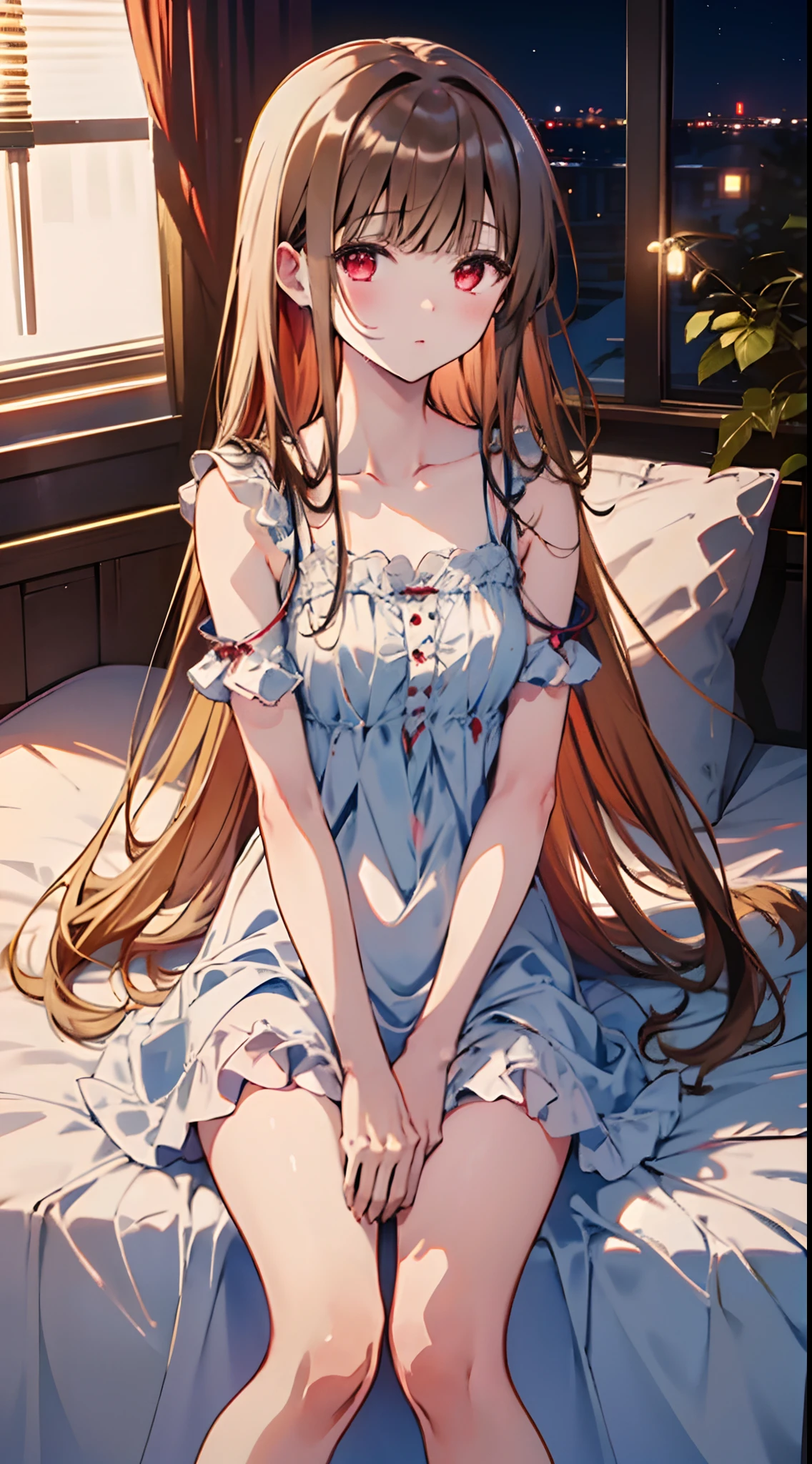 ((masutepiece+Best Quality+High resolution+Illustration 1.3+Ultra-8k)), 1girl in, ((Detailed body)) ((alluring face)) ((long snout)) ((Long facial structure)) (Sharp eyes) ((Red Eyes)) ,Soft skin, Indoor, Sitting on the bed, Looking at Viewer, Nightdress Girl, Blue Nightdress, Detailed body, Short red hair, Detailed eyes, ((detailed shadow)), Lighting, Detailed, Focus, Hand Detail Night Light