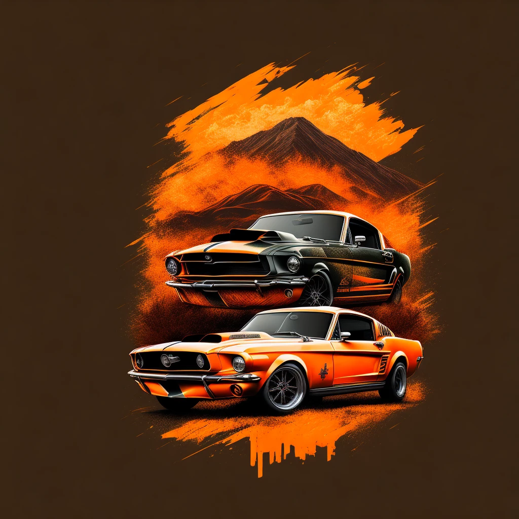 artwork of t-shirt graphic design, Design plano vintage, Ford Mustang laranja, high level of detail, imagem vetorial, Uma obra-prima realista, Fotografado profissional, Fundo da rodovia ocidental, Backgrounid branco, tricolor, Camiseta para ilustradores Adobe