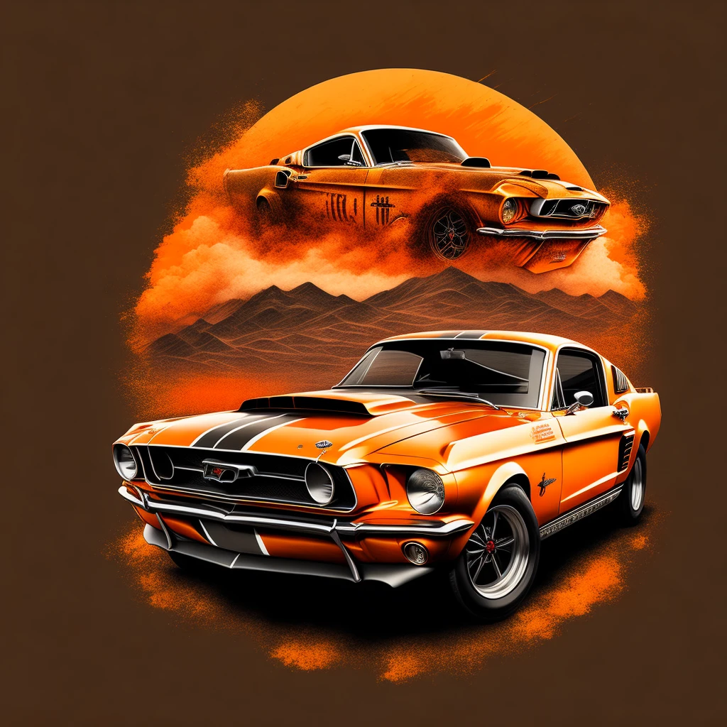 artwork of t-shirt graphic design, Design plano vintage, Ford Mustang laranja, high level of detail, imagem vetorial, Uma obra-prima realista, Fotografado profissional, Fundo da rodovia ocidental, Backgrounid branco, tricolor, Camiseta para ilustradores Adobe