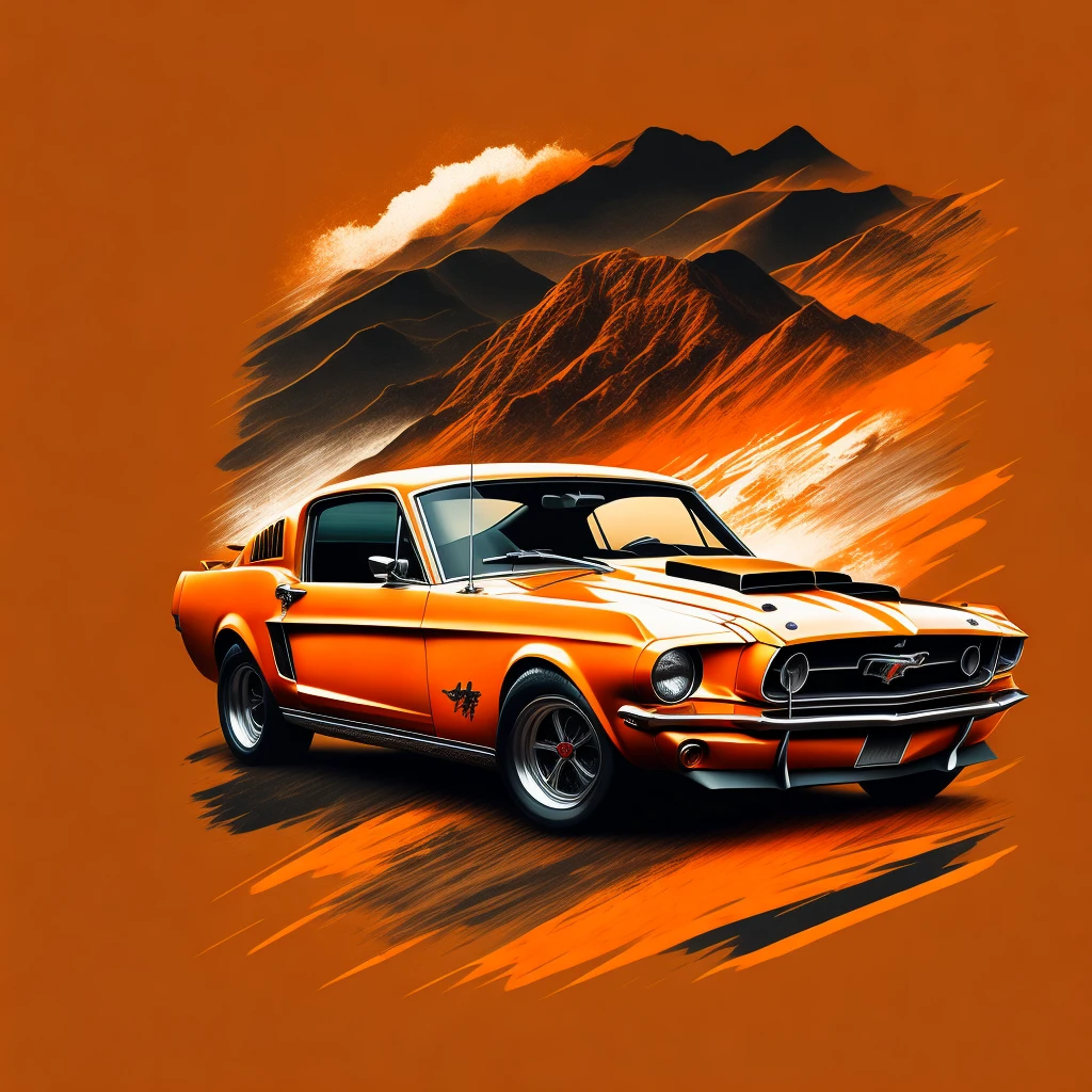 artwork of t-shirt graphic design, Design plano vintage, Ford Mustang laranja, high level of detail, imagem vetorial, Uma obra-prima realista, Fotografado profissional, Fundo da rodovia ocidental, Backgrounid branco, tricolor, Camiseta para ilustradores Adobe