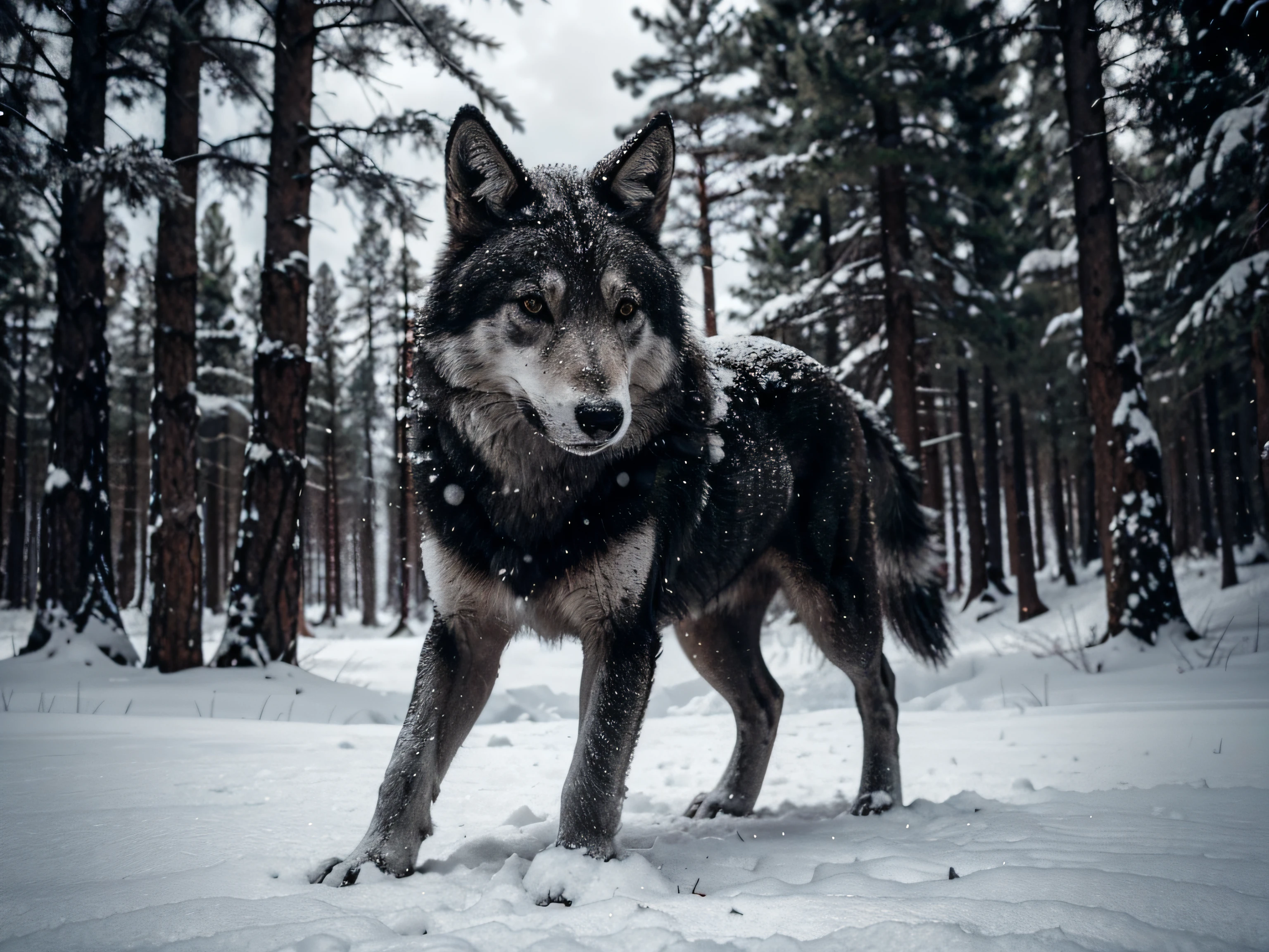 Un lobo gris ultra realista en blanco y negro con un claro bosque nevado en la parte posterior, Foto, Kinematic