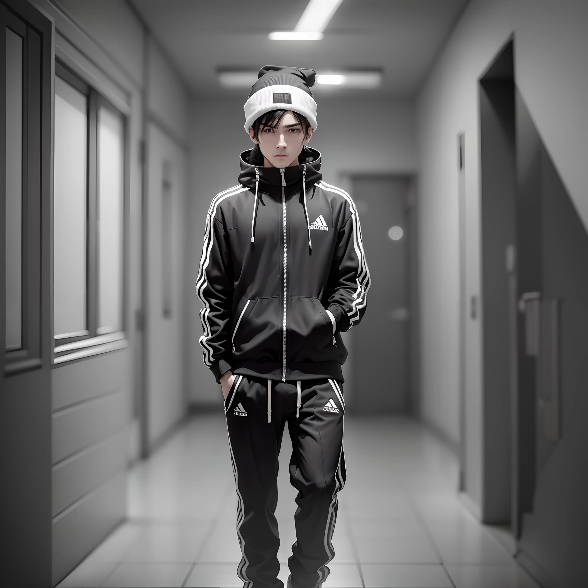 A young man dressed in a black and white tracksuit with a beanie in a place lit and dark at the same time as if it were heaven and hell --auto --s2