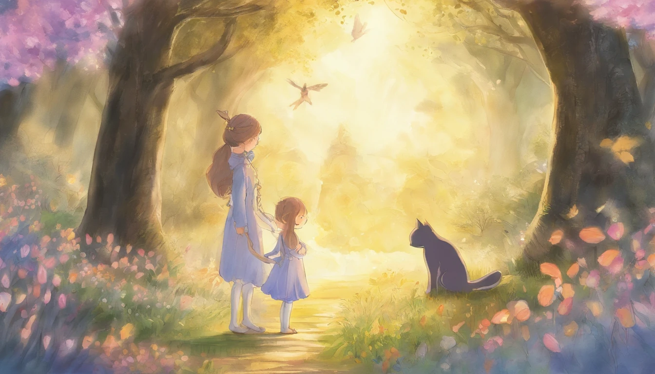 Meet in a sunny park、A girl staring at each other and a light gray cat ars old girl、I have chestnut hair Fantastic and happy feelings watercolor paiting The overall design is classic.、The color is dark yellow Picture book illustrations