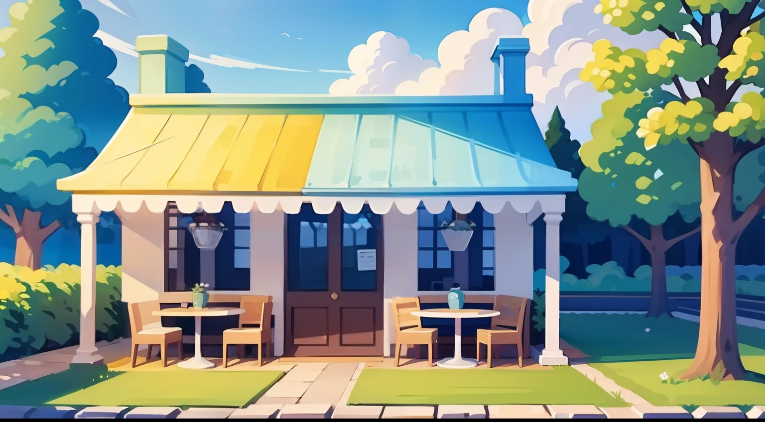 Beautiful landscape painting、Cafe terrace seating、blue-sky、ultra-quality、masutepiece、Natural Color、Lazy dog