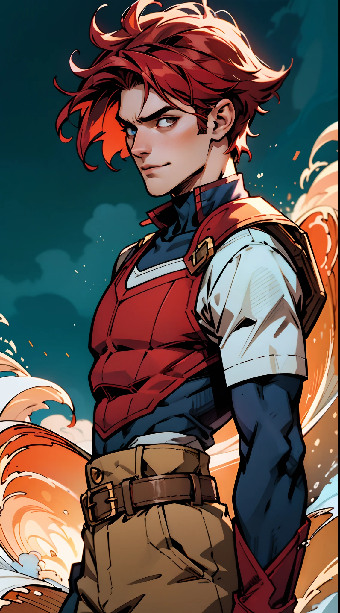 A teenage boy, short brown hair, spiked in the middle with a tuft of red hair, sharp gaze, a playful smile, a fantasy-style two-piece outfit, a dark-colored tight-fitting undershirt, a light-colored vest with wave patterns, a multifunctional belt, utility trousers, the surroundings depict swiftly flowing air, a high-speed blurred background, conveying a sense of speed, this character embodies a finely crafted fantasy-realistic style adventurer in anime style, characterized by an exquisite and mature manga illustration art style, high definition, best quality, highres, ultra-detailed, ultra-fine painting, extremely delicate, professional, anatomically correct, symmetrical face, extremely detailed eyes and face, high quality eyes, creativity, RAW photo, UHD, 8k, Natural light, cinematic lighting, masterpiece-anatomy-perfect, masterpiece:1.5