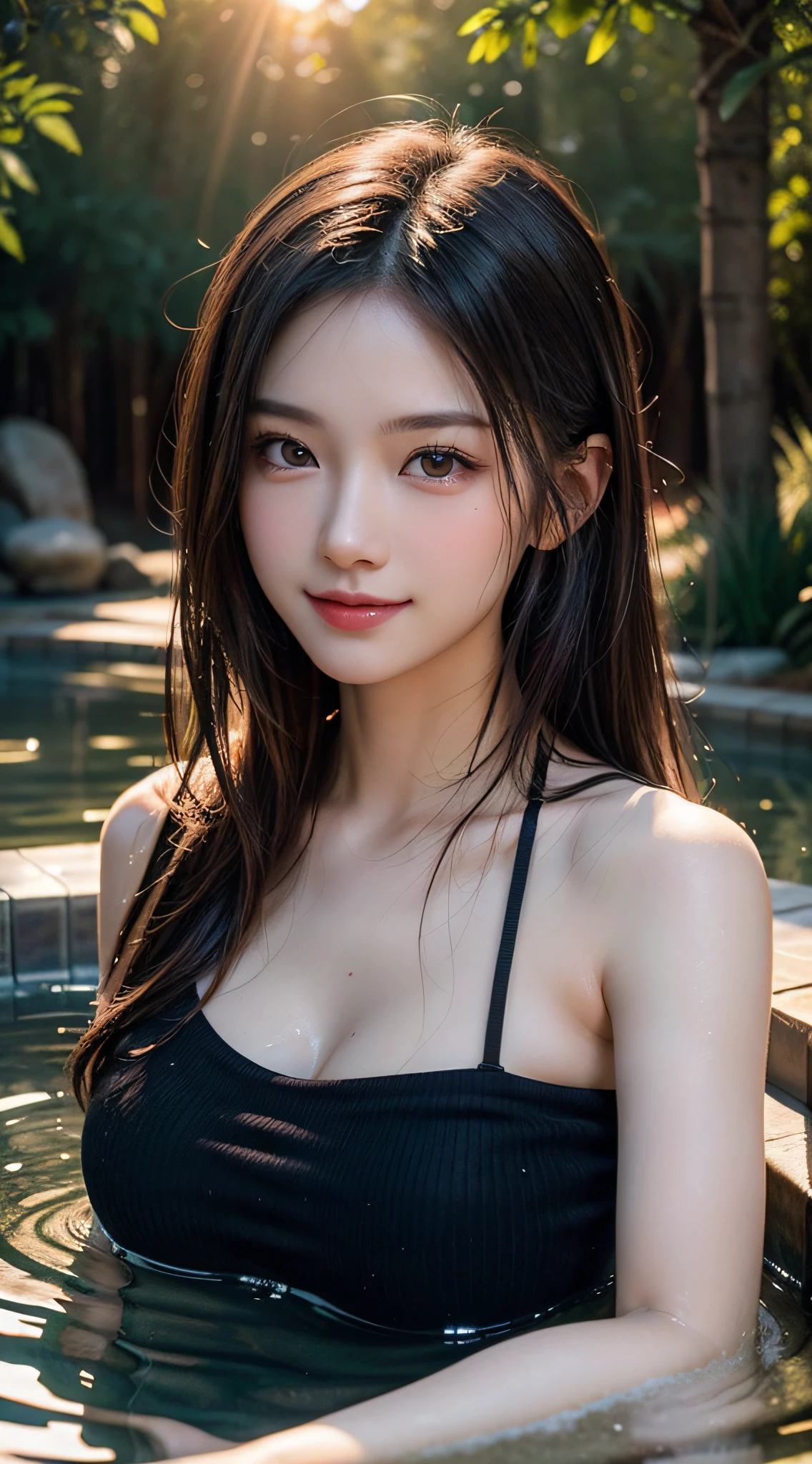 1girl, Extremely cute, Amazing face and eyes, (Beautiful lovely smile), (extremely detailed beautiful face), bright and shiny lips, sexy look, keep staring at me, smooth skin, super beautiful, attractive, (Best Quality:1.4), (hyper quality), (Ultra-detailed), (hyper-realistic, Photorealsitic:1.37), Authentic skin texture, complex details, extremely detailed CG unified 8k wallpaper, RAW Photos, professional photograpy, Cinematic lighting, (taking a bath in a hot spring), ((Hot springs, open-air baths, forests, forests, sunsets)),