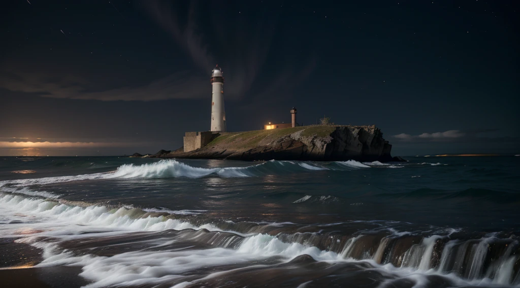 long exposure photograph, A single old red and white lighthouse on a deserted beach at night, costa da Noruega, Very dark sky with no moon, uma bela aurora boreal com cores vibrantes, Wreckage of a sunken ship off the coast, 4k, altamente detalhado, farol ricamente detalhado, detalhes intrincados