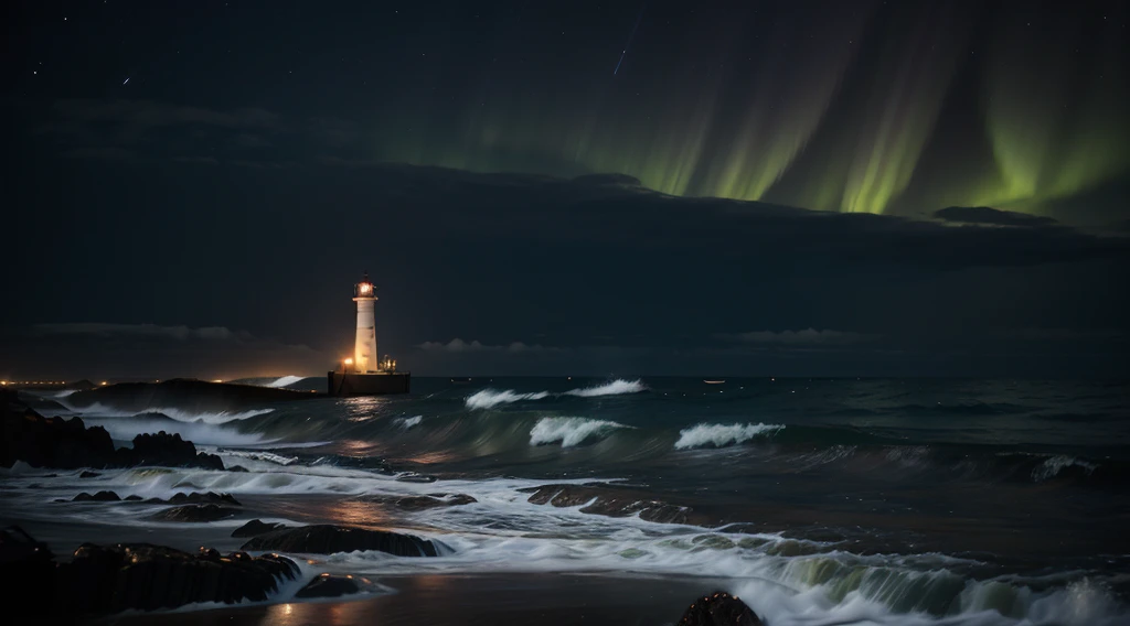 long exposure photograph, A single old red and white lighthouse on a deserted beach at night, costa da Noruega, Very dark sky with no moon, uma bela aurora boreal com cores vibrantes, Wreckage of a sunken ship off the coast, 4k, altamente detalhado, farol ricamente detalhado, detalhes intrincados