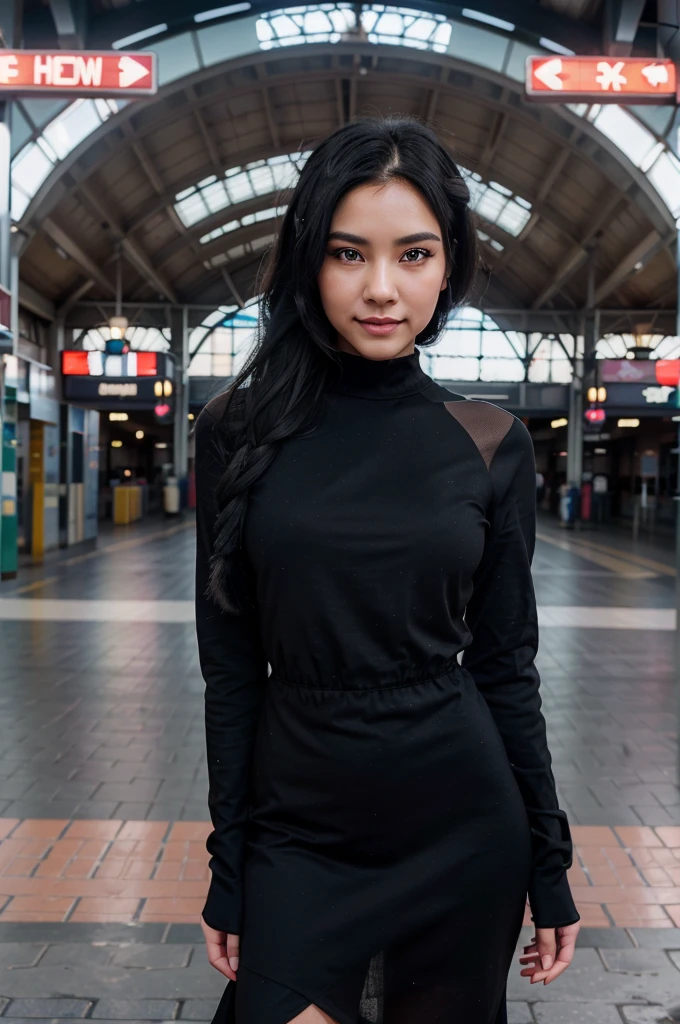 women, black hair, hair bobbles, longeyelashes, solid circle eyes, light smile, ear blush, fang, Surrealism, drop shadow, anaglyph, stereogram, tachi-e, pov, atmospheric perspective, 8k, super detail, best quality, sport dress,full body, train station background