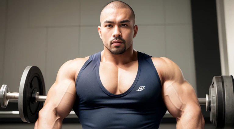 (Very detailed 8k wallpaper), Strong Asian Men, At the gym, high detailing, buzzcut, very large and strong body, bulging muscles, well-muscled, very large pectoral muscles. Very sexy abs, legs are muscular, Toned figure, lightens oily skin, muscular, Tank top, T-shirt, longshot, Wide Shot