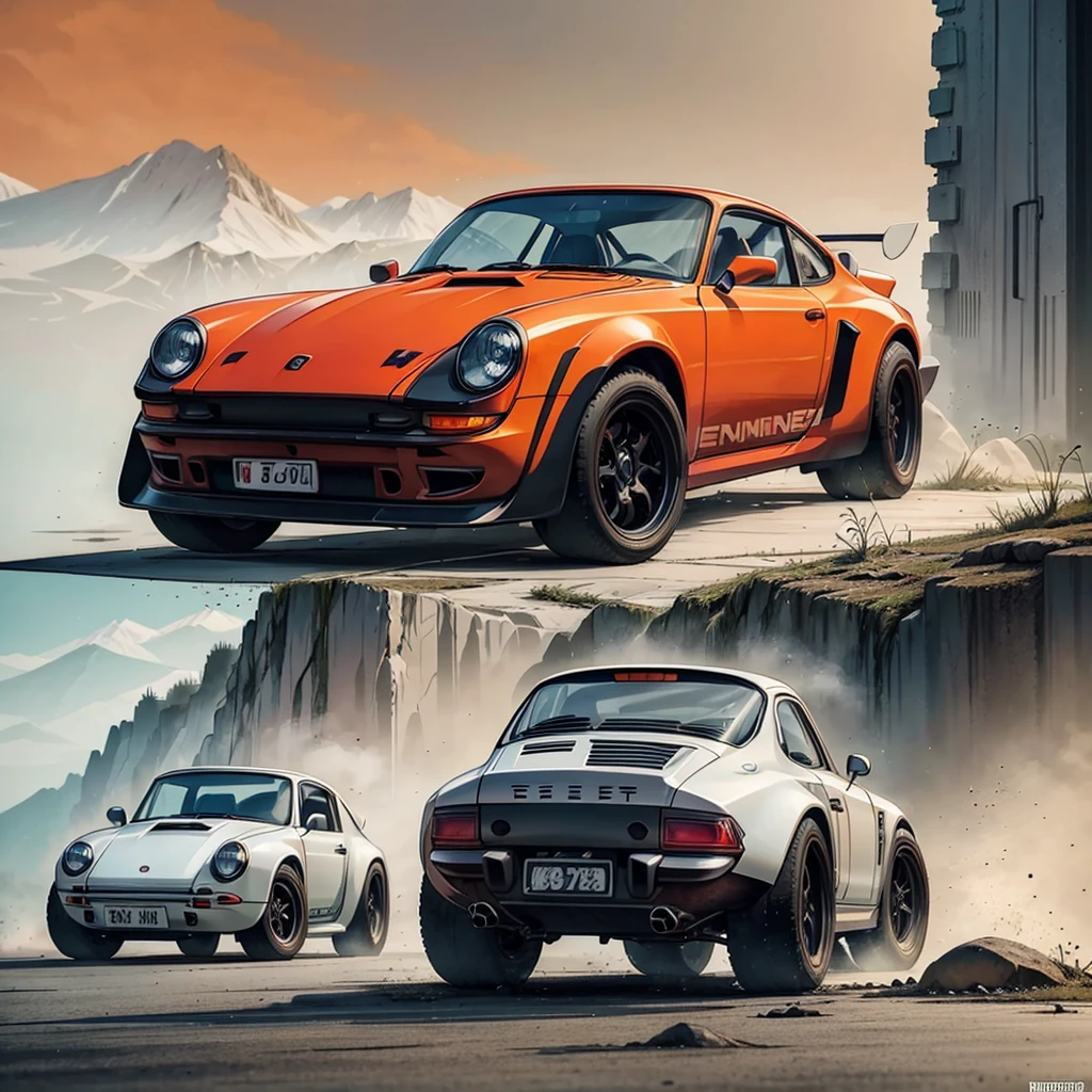 there's an orange Porsche 911 Carrera RS 2.7 dirigindo na estrada perto das montanhas, Porshe, high quality desktop wallpaper, Rob Rey e Kentaro Miura Estilo, paper awesome wallpaper, Porsche 911 driving, Directed by: Liam Wong, carro esportivo, anime bela cena de paz, Kentaro Miura Arte, Directed by: Yoshihiko Wada, Arte de Anime dos Anos 70