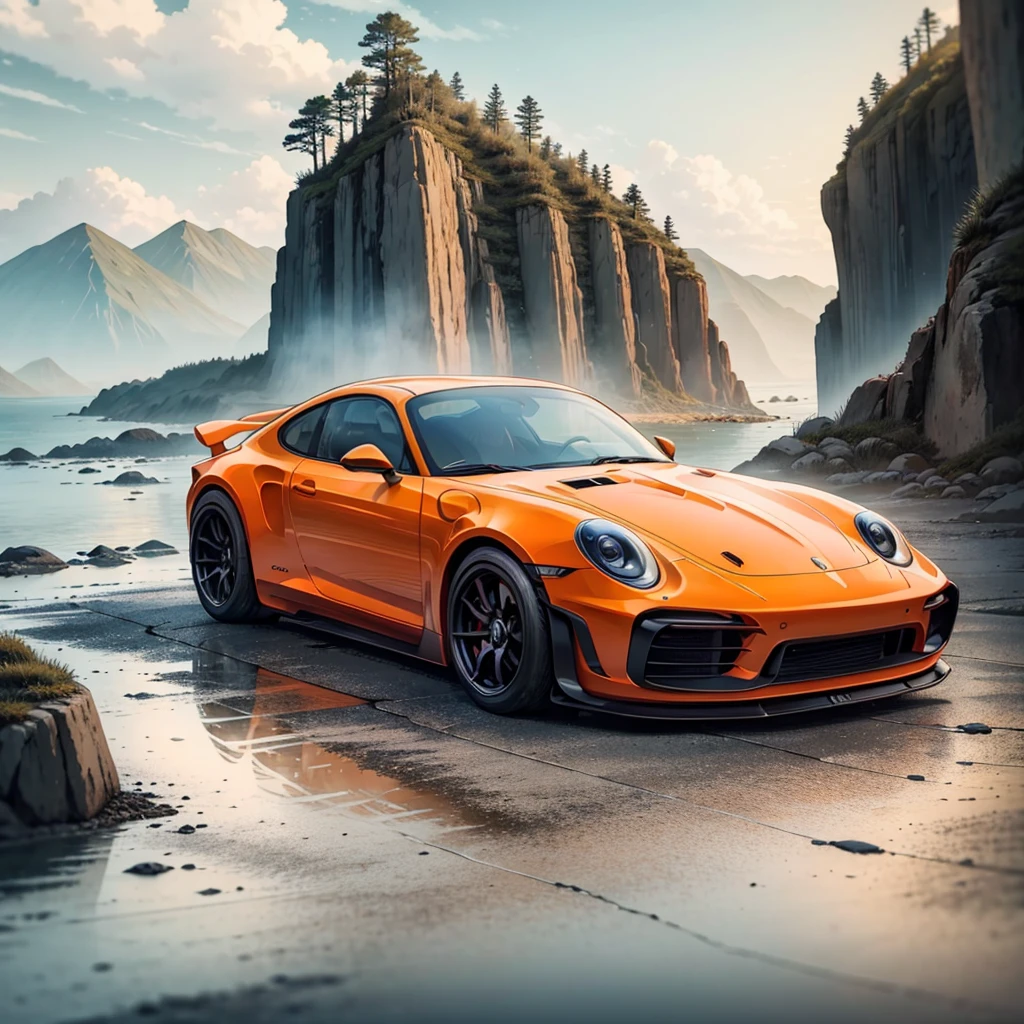 there's an orange Porsche 911 Carrera RS 2.7 dirigindo na estrada perto das montanhas, Porshe, high quality desktop wallpaper, Rob Rey e Kentaro Miura Estilo, paper awesome wallpaper, Porsche 911 driving, Directed by: Liam Wong, carro esportivo, anime bela cena de paz, Kentaro Miura Arte, Directed by: Yoshihiko Wada, Arte de Anime dos Anos 70