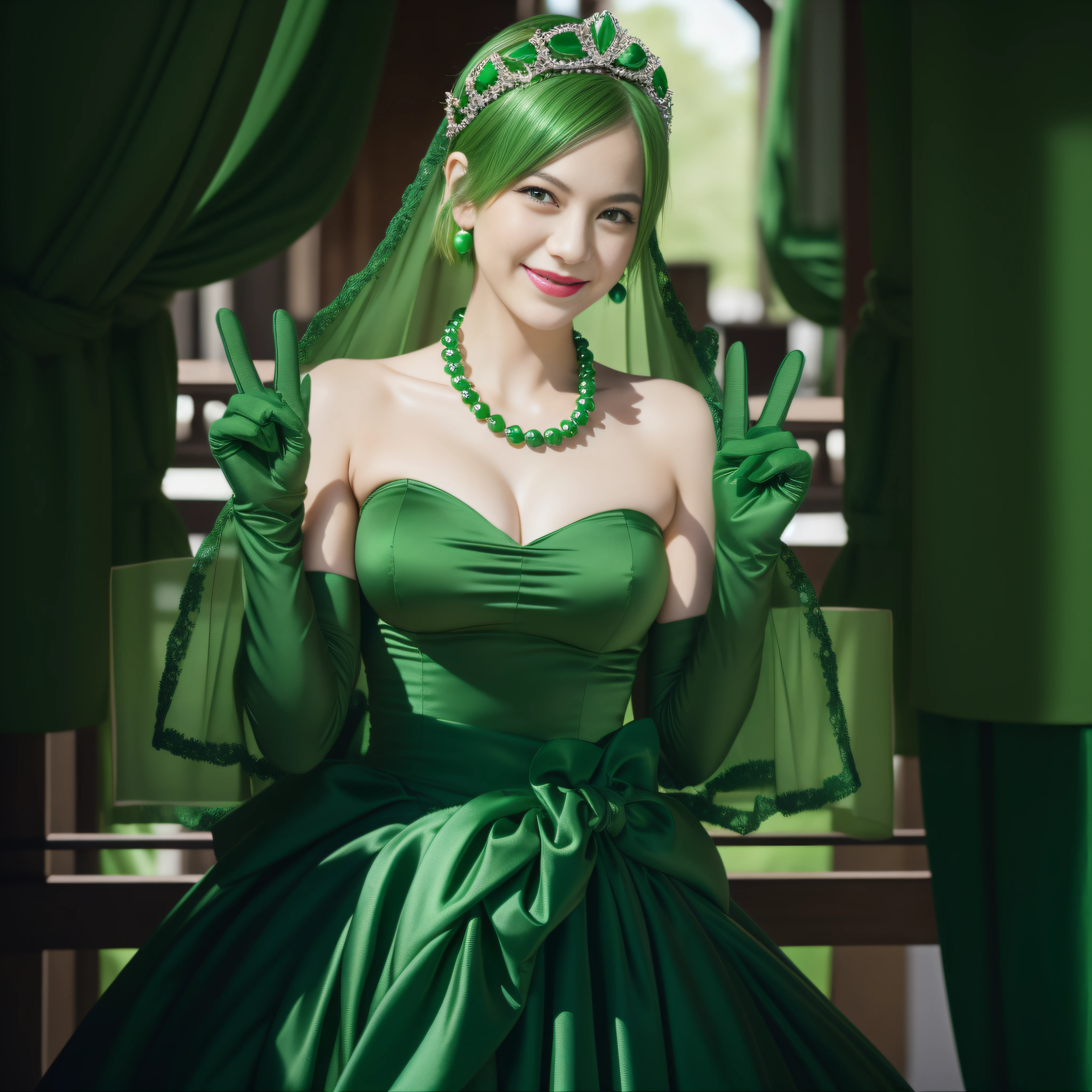 emerald tiara, Green Pearl Necklace, Boyish very short green hair, lipsticks, Japan woman smiling, very short short hair, big breasts beautiful, Green eyes, Long green gloves made of satin material, Green eyes, v sign,V-sign with both hands, Emerald Earrings