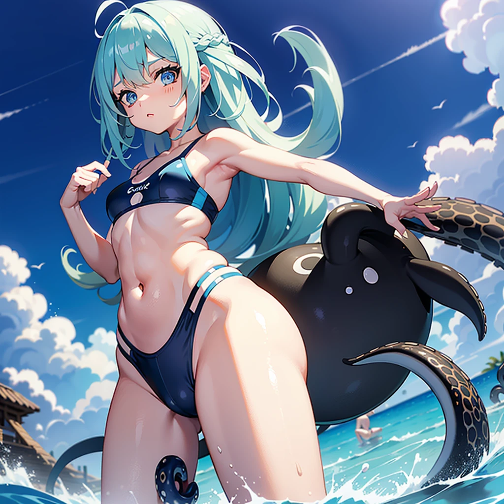 Agile swimsuit、cabelos curtos、messy blue hair、small head、Grandes olhos azuis、Olhar desesperado、Teary、Yodare、Adorable A Girl、Giant powder、multiple eyes、Pernas de polvo gigantes saltam sobre uma 、A giant octopus foot attacks a girl's crotch、Ahe Menina