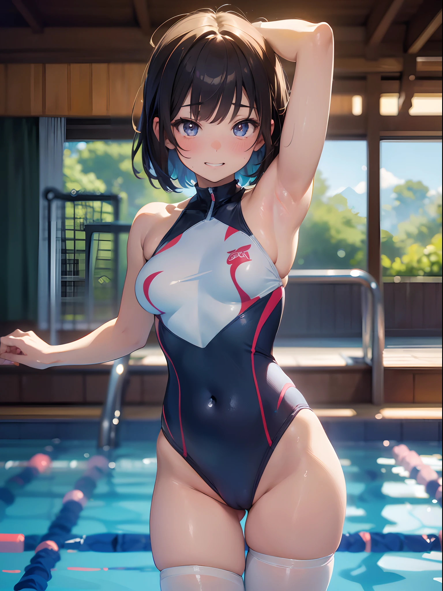 (best picture quality, 4K, high quality, masterpiece::1.2), ((masterpiece)), high detail, high quality, best picture quality, ((high quality, nsfw,  showing armpits, embarrassed,)), nsfw, (short hair), cute,  girl in a competition swimsuit with pantyhose at poolside in the indoor pool, full body, loli, shorheight, medium breasts, bokeh, DOF, Portrait, evil grin, open stance, (cute illustration:1.2), high-resolution, ultra-detailed, best-quality, bare-shoulder,