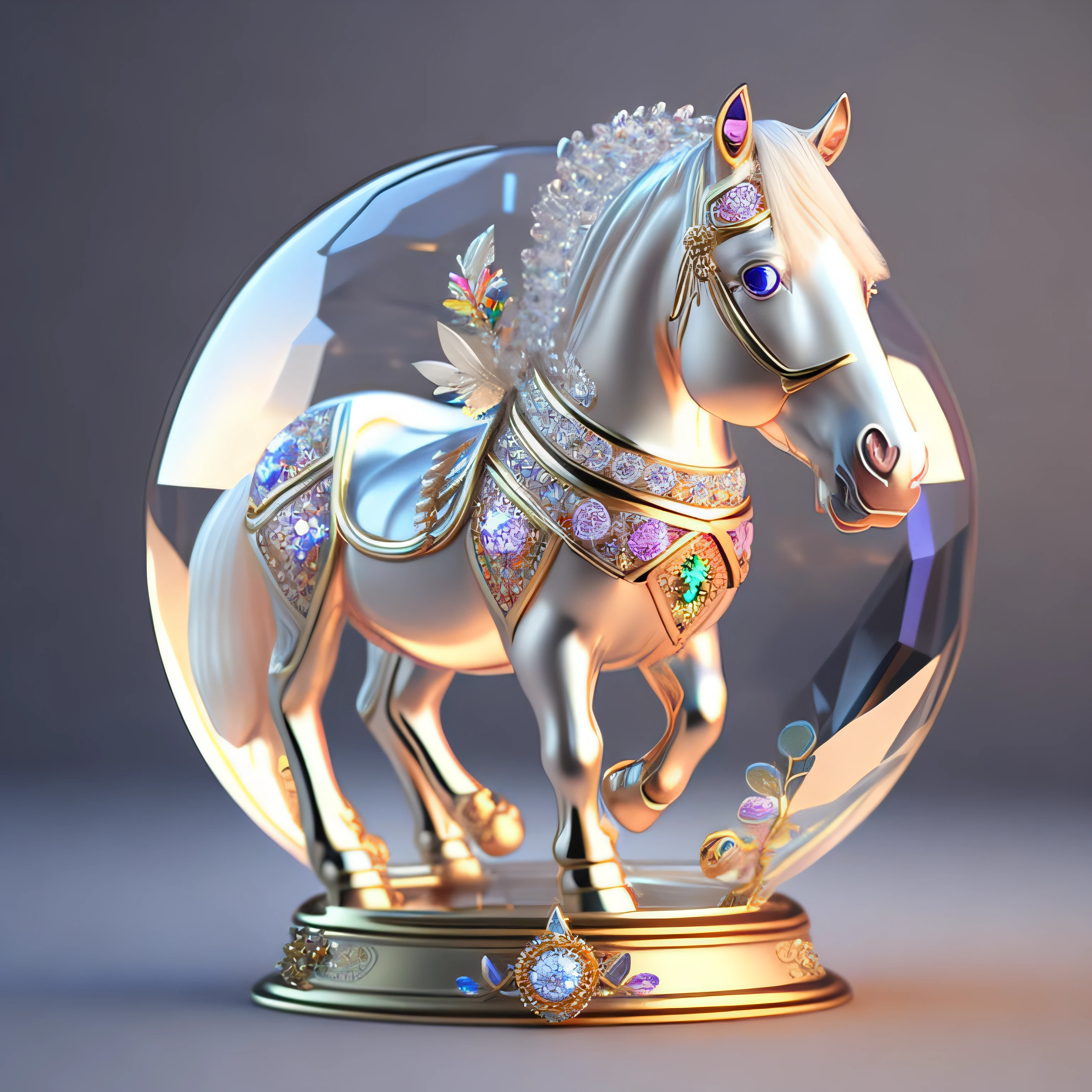 A cute crystal ball zodiac horse，The body is embellished with various jewelry ornaments，The eyes have a low-poly design，It is a highly detailed and complex conceptual art craft，Use Artstation 8k quality。
