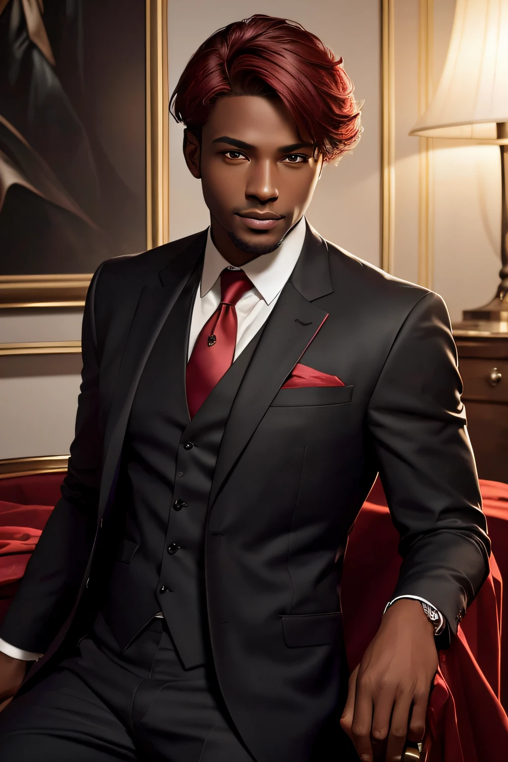 A man in a suit, with dark skin, a modern haircut, reddish hair, clear and detailed eyes, a soft and mischievous smile, and a coffin-shaped pendant. The artwork is created using the medium of oil painting, emphasizing the vivid colors, sharp focus, and ultra-fine painting techniques. The scene is set against a dark background, with professional studio lighting highlighting the subject. The overall atmosphere is photorealistic, with a touch of mystery and sophistication. The color tone of the image is predominantly black and red, creating a dramatic and intense visual impact, (detail-oriented)