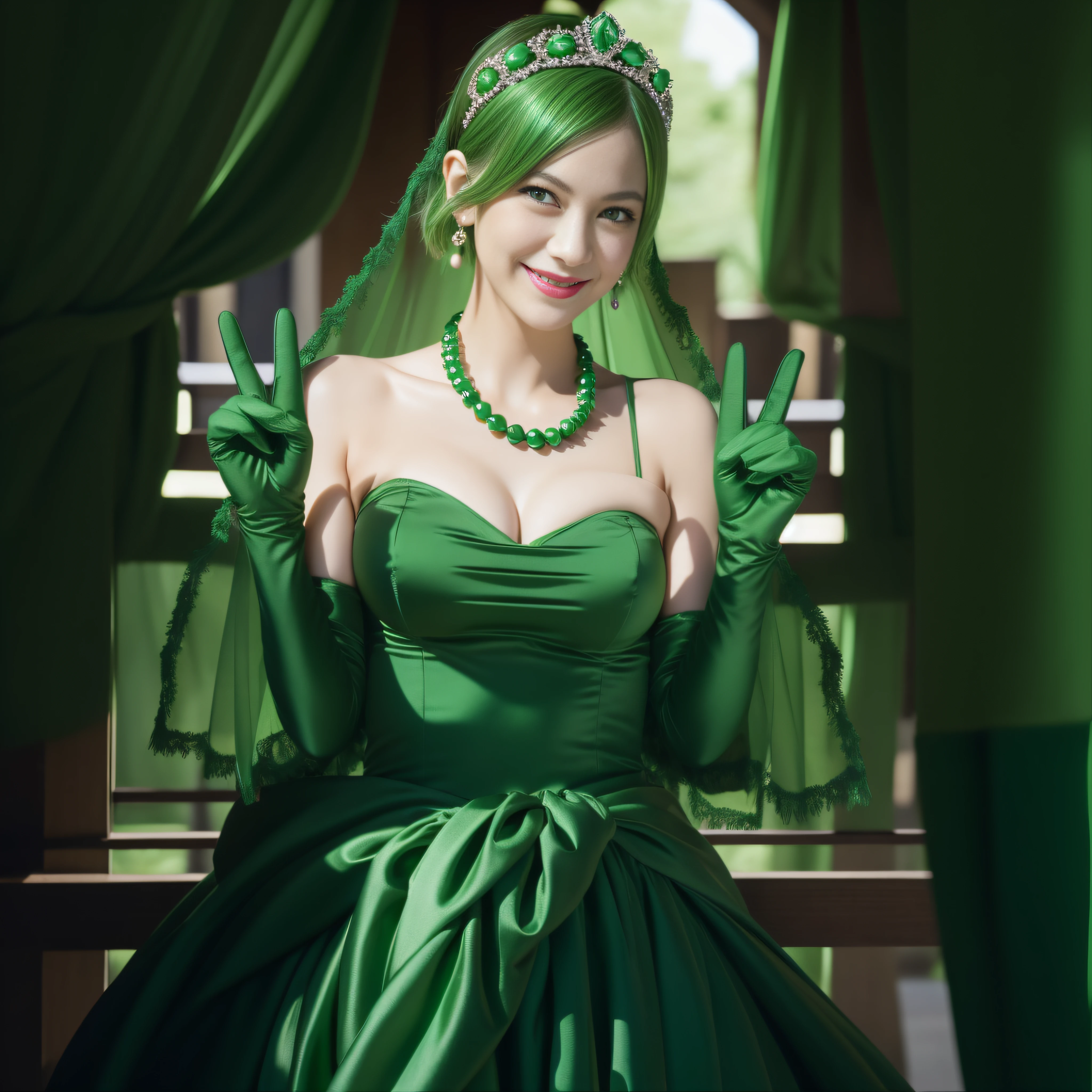 emerald tiara, Green Pearl Necklace, Boyish very short green hair, lipsticks, Japan woman smiling, very short short hair, big breasts beautiful, Green eyes, Long green gloves made of satin material, Green eyes, v sign,V-sign with both hands, Emerald Earrings