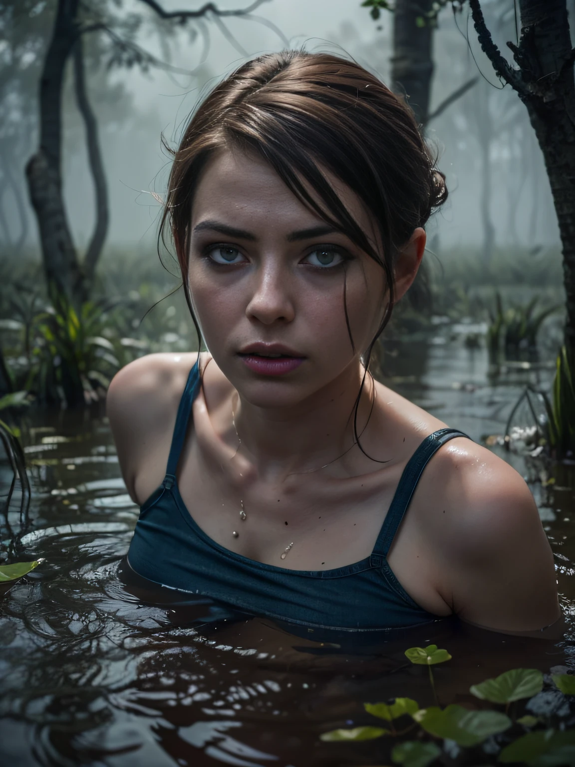 Ellie The last of us 2 In a rainy and forest environment with standing and completely naked, rainy weather and dark theme of the environment