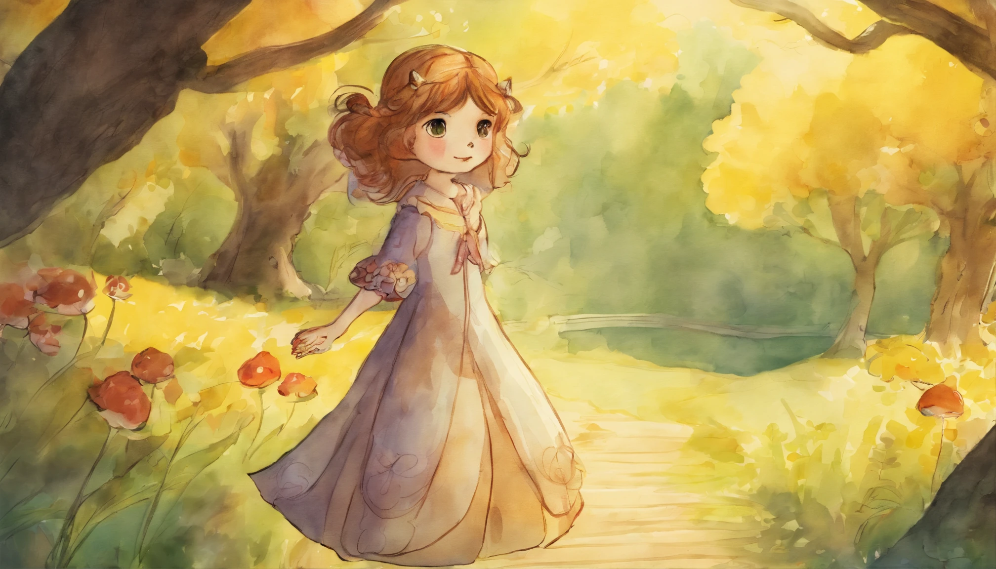 A  girl walking in a sunny park　10yeard girl、I have chestnut hair　Fantastic and happy feelings　watercolor paiting　The overall design is classic.、The color is dark yellow　Picture book illustrations