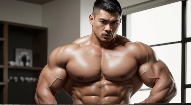 (Very detailed 8k wallpaper), Strong Asian Men, At the gym, high detailing, buzzcut, very large and strong body, bulging muscles, well-muscled, very large pectoral muscles. Very sexy abs, legs are muscular, Toned figure, lightens oily skin, muscular, Tank top, T-shirt, longshot, Wide Shot