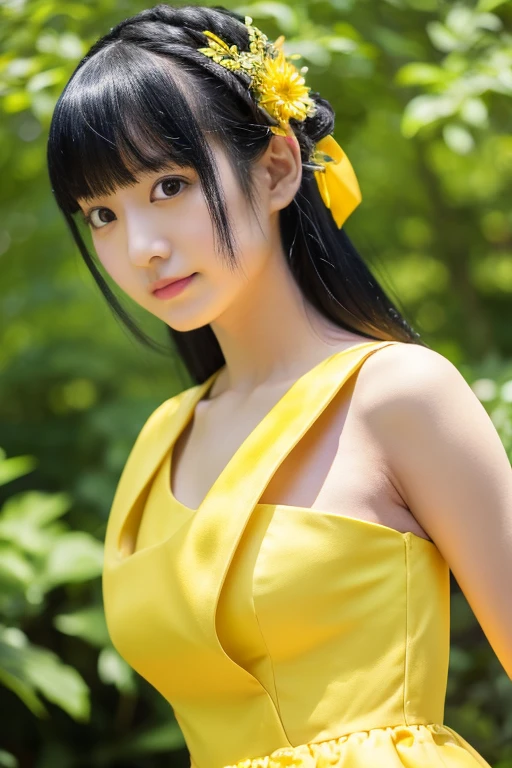 1 black hair, High quality, ultra-detailliert, masutepiece, Realistic,Yellow dress, hime,full bodyesbian