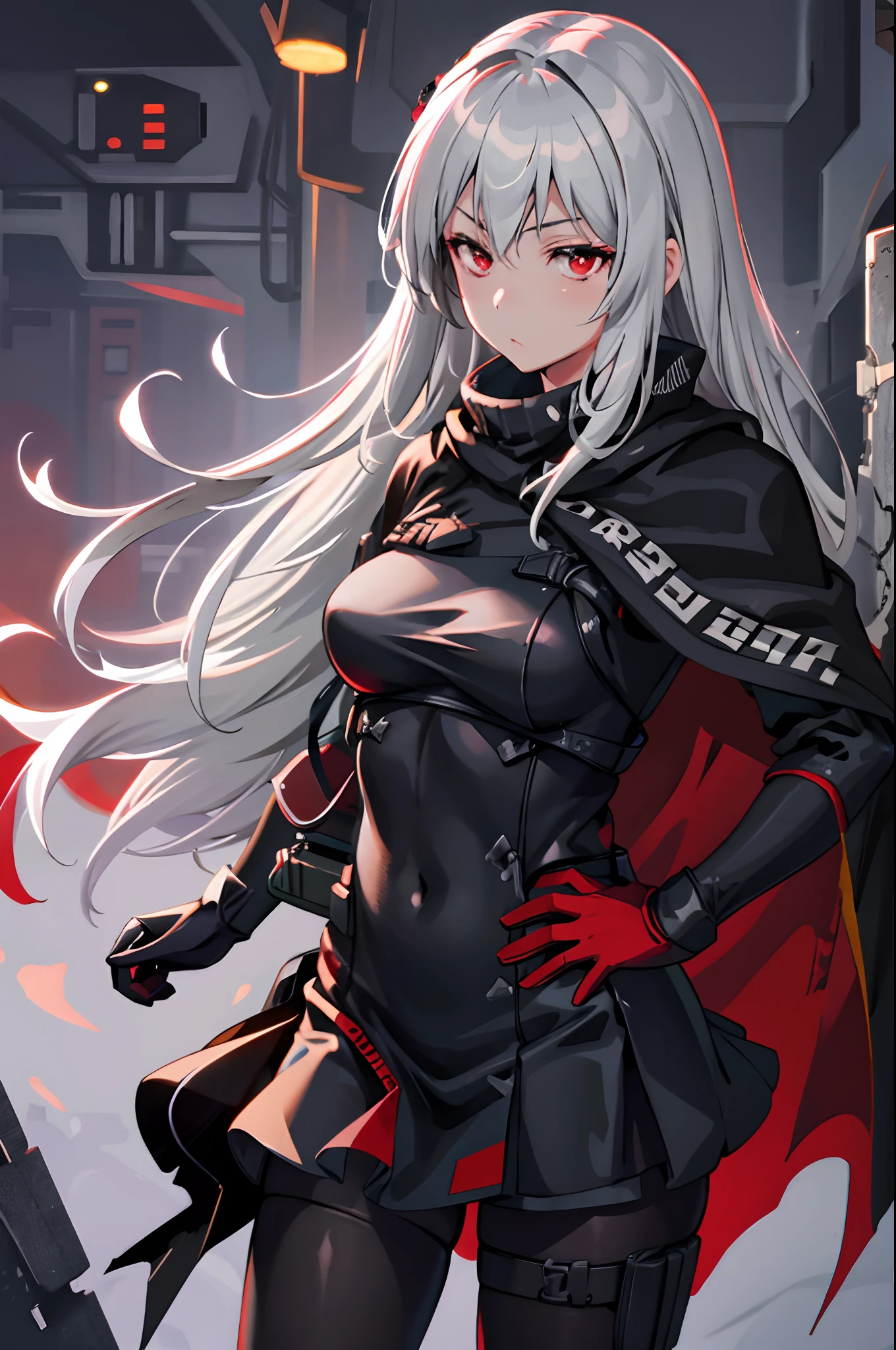 Masterpiece, best quality, perfect lighting, (nice hands), perfect hands, 1girl, solo, evelyn, grey hair, long hair, red eyes, black and red cape, red gloves, tactical clothes, black pantyhose, hands on hips, close up, upper body