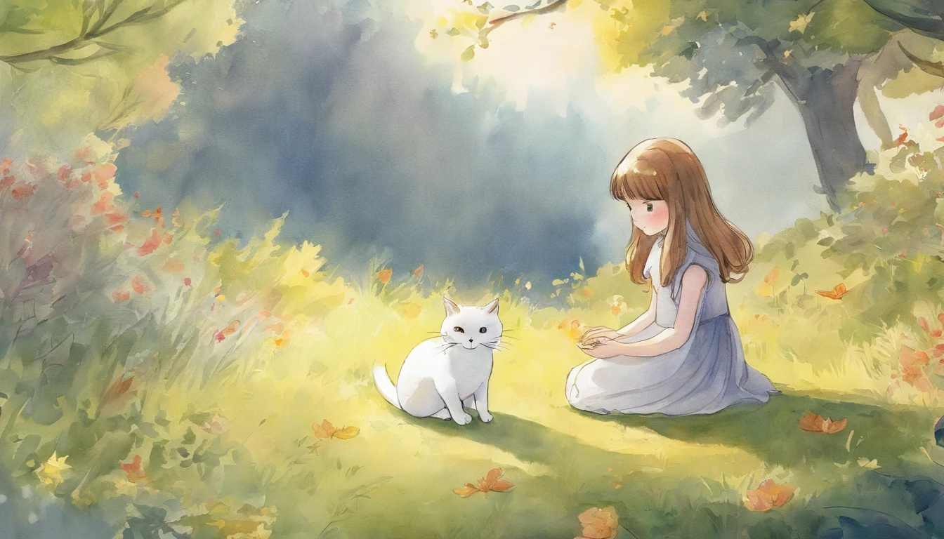 Meet in a sunny park、A girl staring at each other and a light gray cat ars old girl、I have chestnut hair Fantastic and happy feelings watercolor paiting The overall design is classic.、The color is dark yellow Picture book illustrations