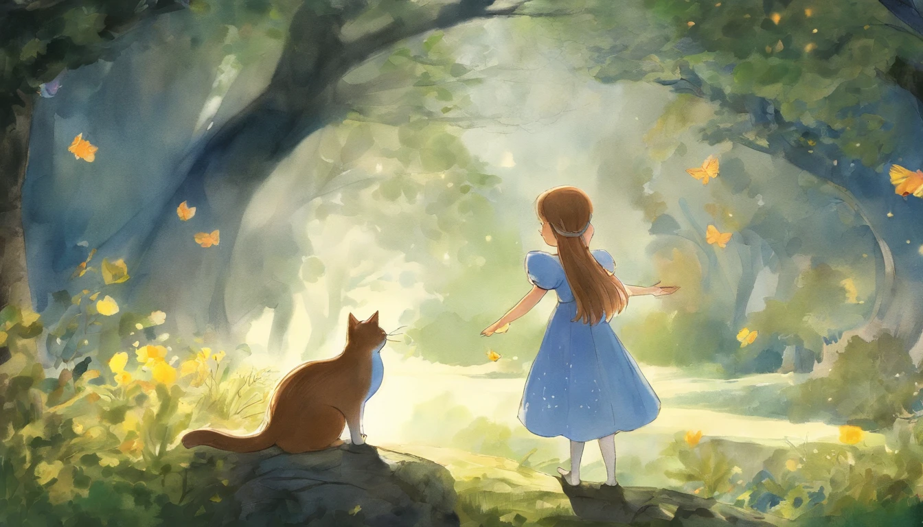 Meet in a sunny park、A girl staring at each other and a light gray cat　10years old girl、I have chestnut hair　Fantastic and happy feelings　watercolor paiting　The overall design is classic.、The color is dark yellow　Picture book illustrations