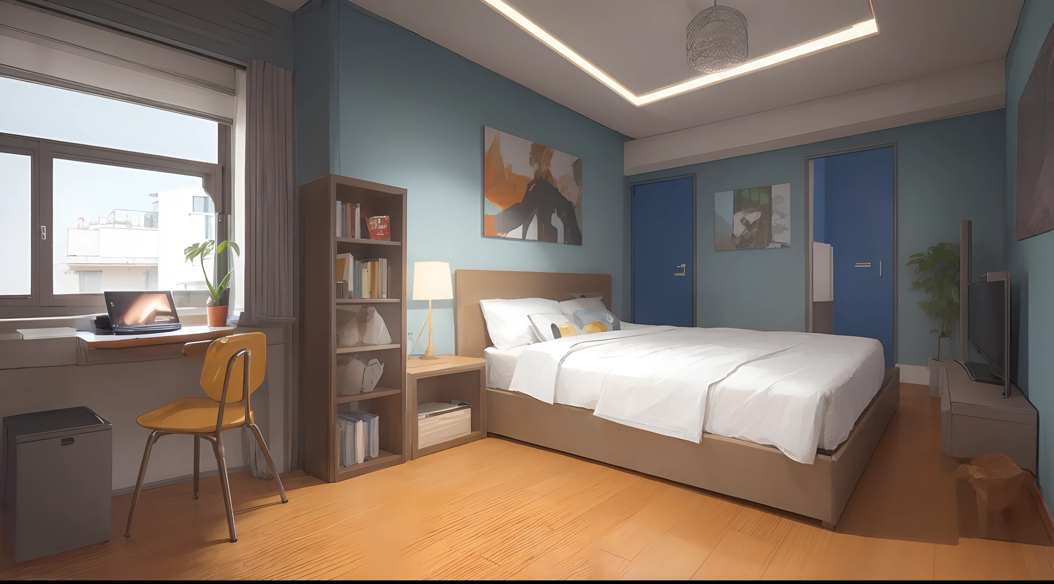 man room, apartament scenario, guetto, apartament, anime style, minimalist, with pc in room