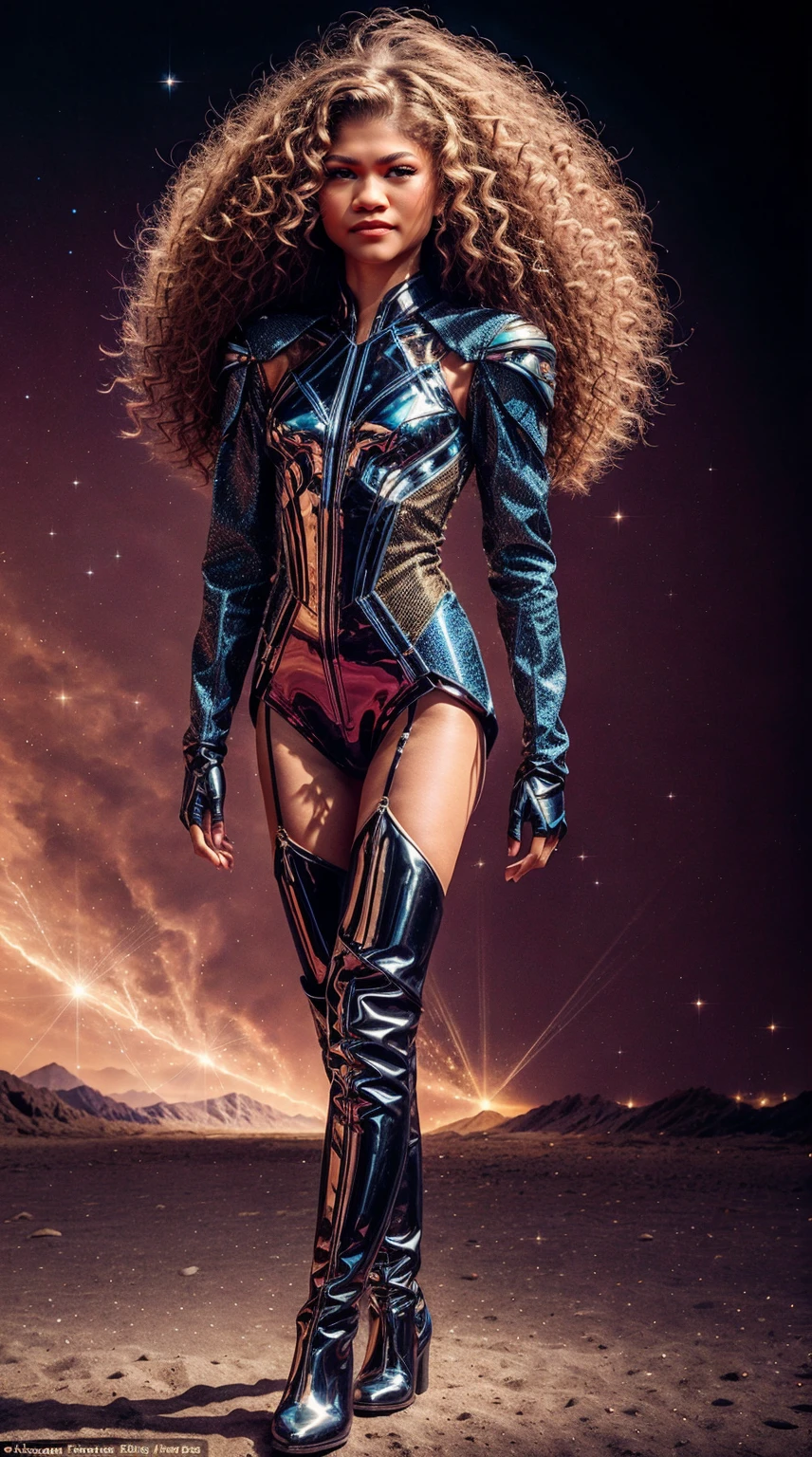 Generate an alluring image of Zendaya donning a Starlight-inspired outfit. Picture her in a sleek and modern costume adorned with jewelry, including subtle yet elegant accessories. The ensemble includes thigh boots and gloves for a touch of sophistication, mirroring the iconic Starlight look.

In the photograph, Zendaya leans forward with hands on knees, showcasing a confident yet approachable pose. Utilize a Softbox with a diffuser to cast an extra soft and even light, creating a vintage, cool atmosphere reminiscent of still frame photography. Highlight the intricate details of the outfit, emphasizing the jewelry, thigh boots, and gloves.

Focus on Zendaya's detailed face, capturing her expression with a mix of softness and strength. Illuminate her curly, long, and shiny hair, allowing it to catch the light subtly. For added flair, incorporate elements that enhance her pose, such as her feet shoulder-width apart, hands on hips, head held high with chin out, and chest out.

Introduce your own touches that you find important to elevate the image, ensuring a captivating and detailed portrayal of Zendaya in a Starlight-inspired costume.