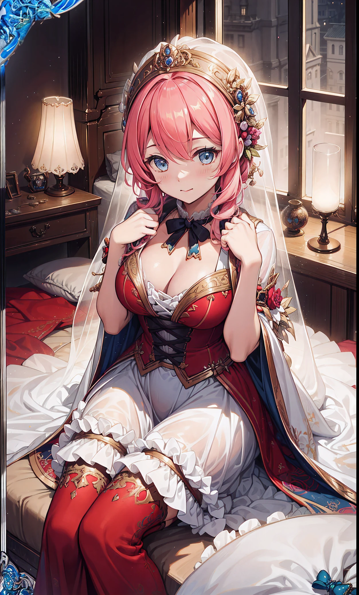 (Best quality, A high resolution, Textured skin, High quality, High details,Extremely detailed CG unity),teens girl，Enchanted，Divine happiness，Being in love，(Light Victorian dress:1.2)，Pink hair，eBlue eyes，(Fabric headdress)，Maximalism，Multiple layers of delicate ruffles，Lots of lace，Multi-colored cloth，Delicate embroidery，Delicate pattern，Fabric headdress，exquisite costumes，see-through transparent clothes，Bedrooms，the night，Dazzle，the night，solo person，Fluttering skirt，