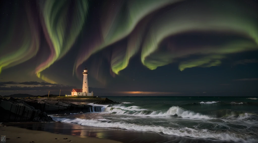 long exposure photograph, A single old red and white lighthouse on a deserted beach at night, costa da Noruega, Very dark sky with no moon, uma bela aurora boreal com cores vibrantes(Aurora with intense and vibrant colors of green and purple), Wreckage of an old ship off the coast, 4k, altamente detalhado, farol ricamente detalhado, detalhes intrincados
