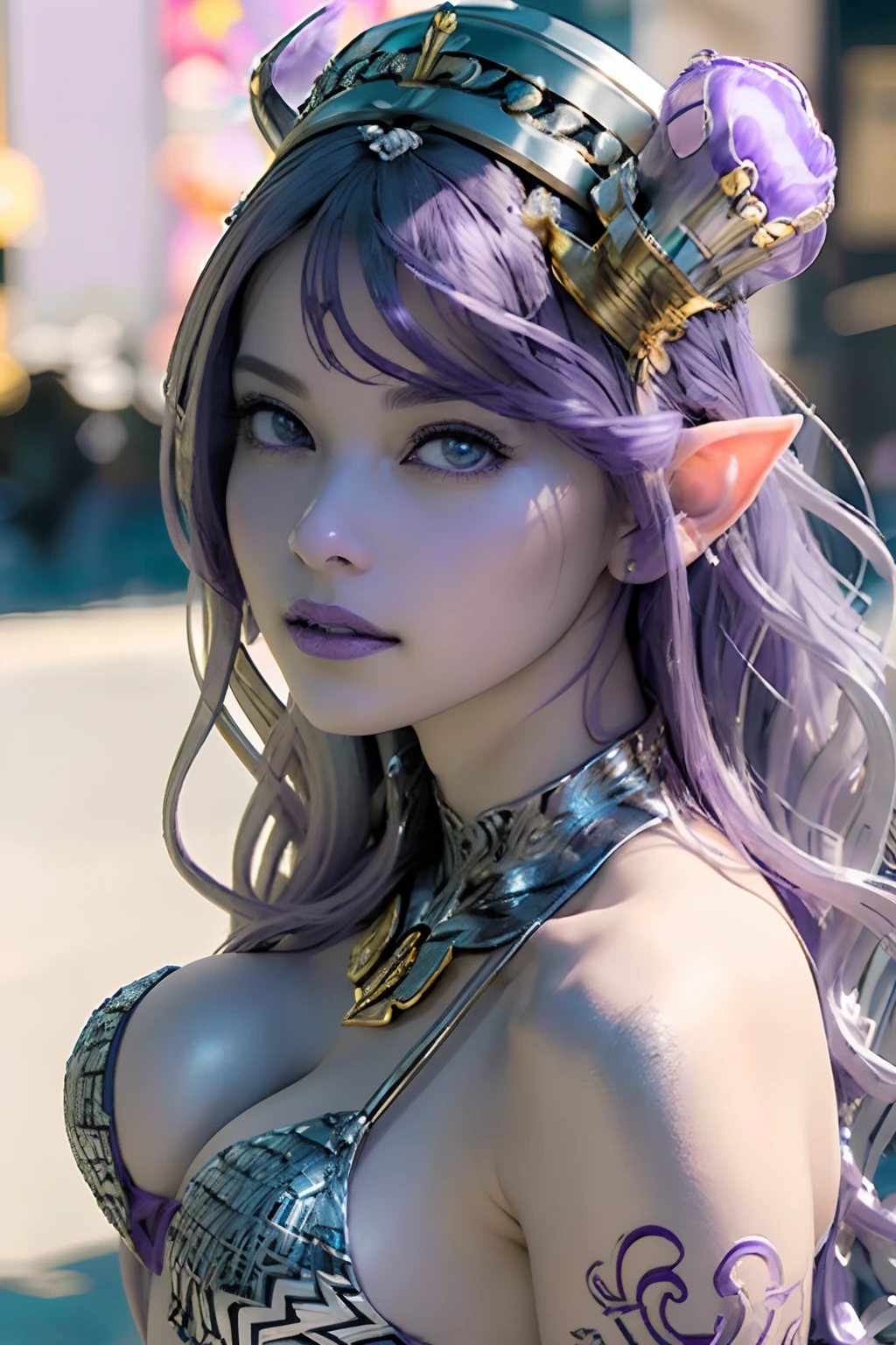 Highly detailed complex 3D facial rendering, (masterpiece, top quality, octane rendering,), full body image glamor shot, very beautiful young elf, cleavage, (highly detailed skin: 1.2), (exposure: 1.1), (( blue micro bikini: 1.95)))). , 8k, (((very soft breasts)), (((conspicuous big pink areola)), beautiful Caucasian woman with white skin with full soft breasts with big buttocks, one, long braided hair, small breasts, dynamic angle, (((small breasts: 2.4)), ultra-realistic photo, ((((((purple hair)))), futuristic urban background, facial muscles, (((((detailed and glamorous silver crown))) ), In Marvel Comics style, ArtStation Trends, Clear Focus, Intricate Detail, Highly Detailed, Detailed purple eyes, Sharp Focus, Digital Rendering, Professional, Stomach, Lip Gloss, Glossy Skin, Sexy Pose, Gold Tattoos All Over Body, Silver Pattern Full Body Body, Silver Limp Skin, Gold Shining Skin, Mansuji, Buttocks, Whole Body Jeweled, silver scales, purple hair,