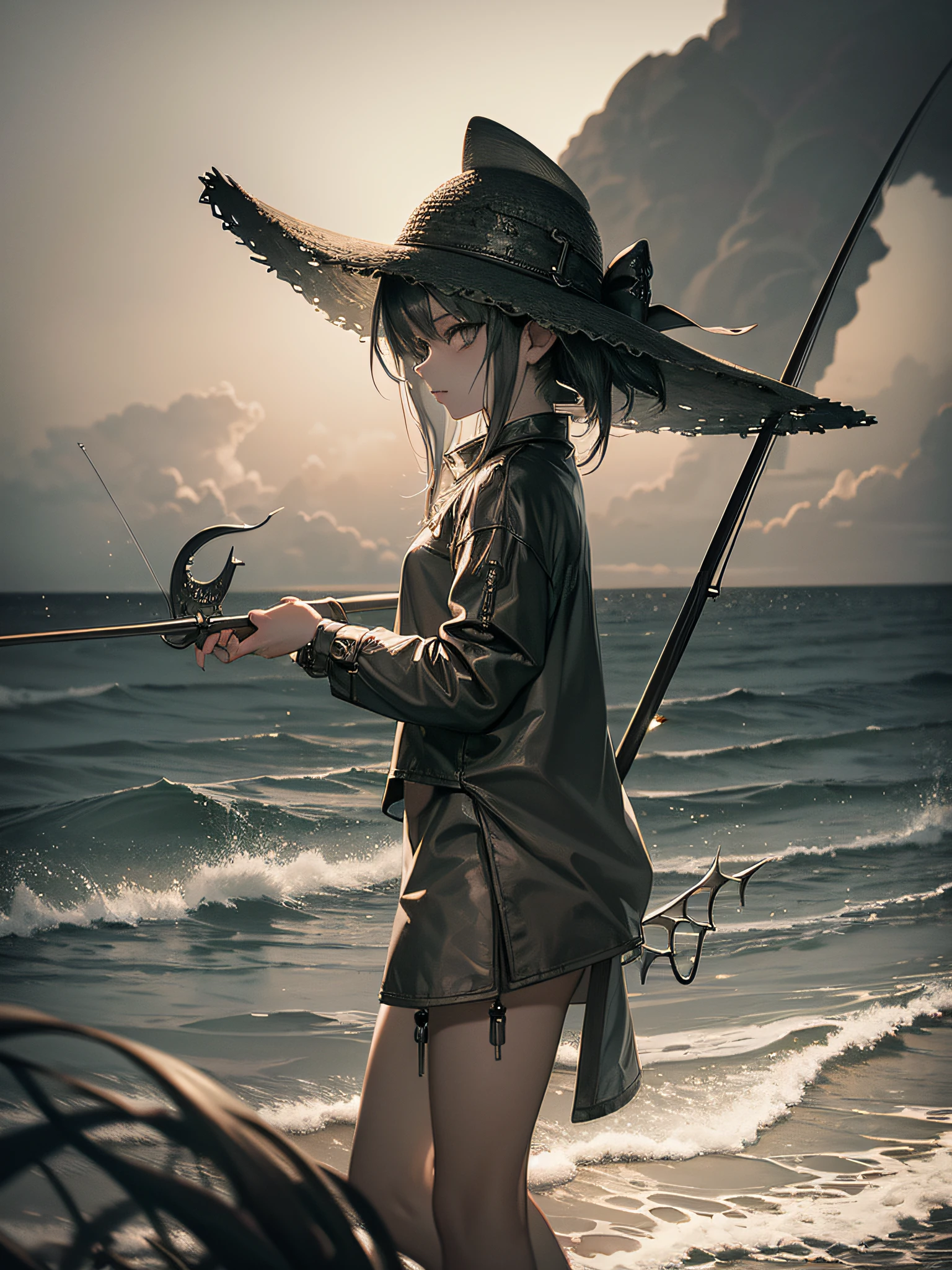 gloomy and cold lighting, dark fantasy art, dark fantasy fish-girl, (metallic grey chromium skin), grey eyes, gloomy angler girl, closed clothing, straw hat, fishing rod, huge ocean landscape