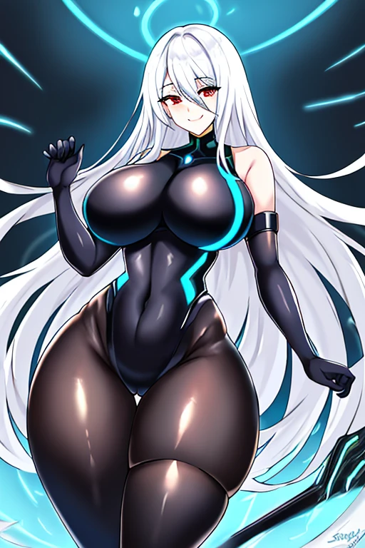Anime style, large breasts, breasts, wide hips, thick thighs, hourglass figure, white hair, long hair, red eyes, bodysuit, black bodysuit, blue neon trim, neon trim, pantyhose, black pantyhose, shoulder armor, futuristic, science-fiction, machinery, tech, black clothes, blue lines, hair ornament, ornament, light smile, smile, happy, thigh strap, arm strap