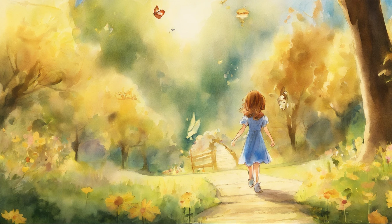 Little girl walking in a sunny park 10years old girl、I have chestnut hair Fantastic and happy feelings watercolor paiting The overall design is classic.、The color is dark yellow Picture book illustrations