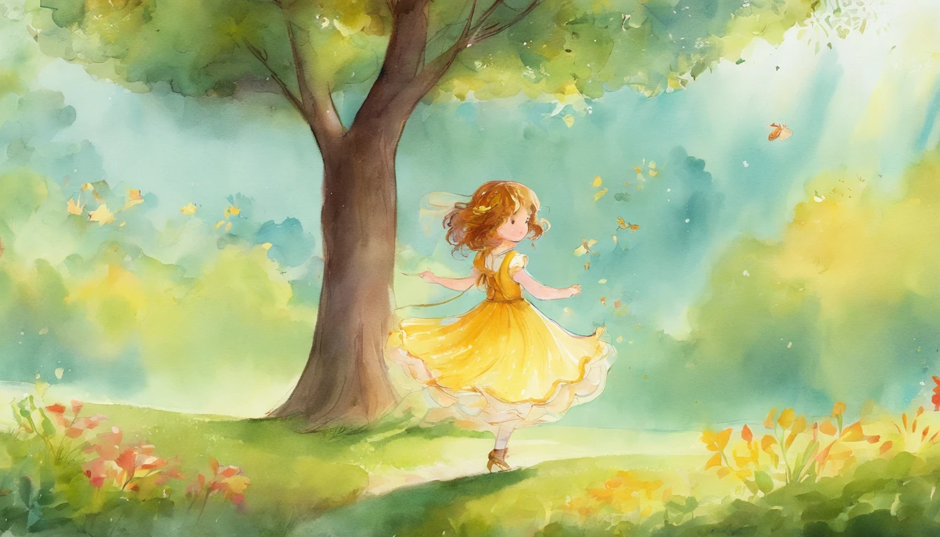  walking in a sunny park　10years old girl、I have chestnut hair　Fantastic and happy feelings　watercolor paiting　The overall design is classic.、The color is dark yellow　Picture book illustrations