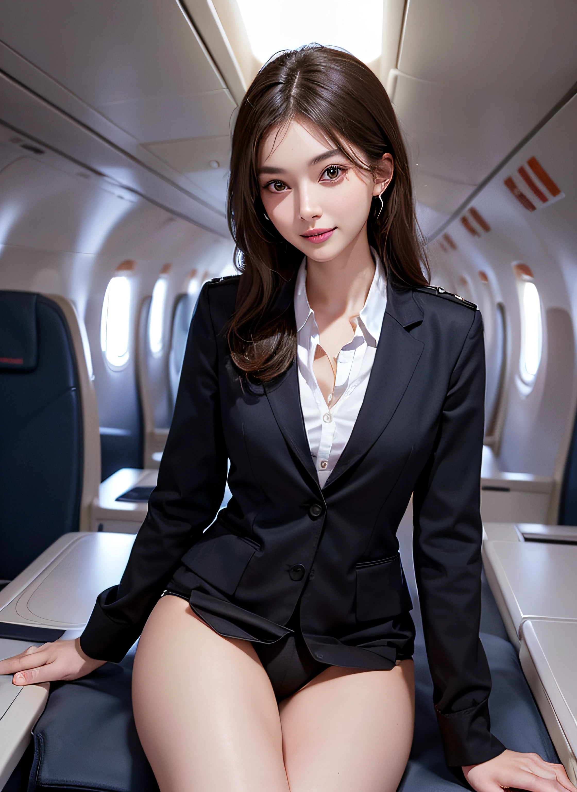(8K high image quality), (top-quality), (RAW image quality),(masutepiece:1.2), (Realistic), (Photorealistic:1.37), ,largeeyes,long eyelasher,（Live-action realistic style）,The Ultimate Face,Photorealistic light and shadow,Clear facial features,,Fair skin, ）,(The Ultimate Face,Extraordinary beauty),Best portraits, 1-girl,Beautiful detailed eyes,highlydetailed skin,(Beautiful face with double eyelids), (Realism: 1.4),((3/4 Length Shooting)) ,delicate and beautiful face,,Female about 20 years old,(Beautiful Face 1.4),moderate hair length,(lipsticks,Lame around the eyes,earring beautiful),((Shot on an airplane)),(Crouch down in the aisle of the aircraft),(Flight attendant uniforms)),,(Flight attendants in uniform),,(cowboy  shot),Shoot head-on,,Close-range shooting,,(((Show your audience your best smile))),Lightly dressed flight attendants,Expose the bra a little,((Show panties)),Show your panties to your audience,I'm wearing white panties,(Look at the viewer and smile),