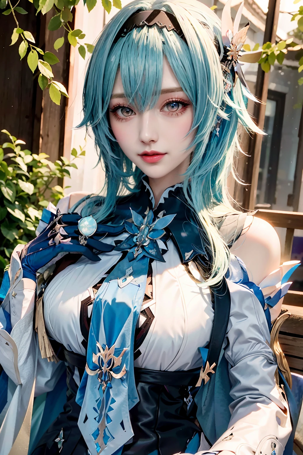 Beauty of a goddess, slim face, beautiful woman, 1girl, solo, (masterpiece:1.2), best quality, eula, genshin, high detailed, 8K resolution, looking at viewers, eula from genshin impact, outdoor, hairband, blue hair, necktie, cape, vision \(genshin impact\), long sleeves, gloves, sidelocks, (smiling), slender figure, ((wide beautiful eyes)), ((a close up portrait photo, head to bust))