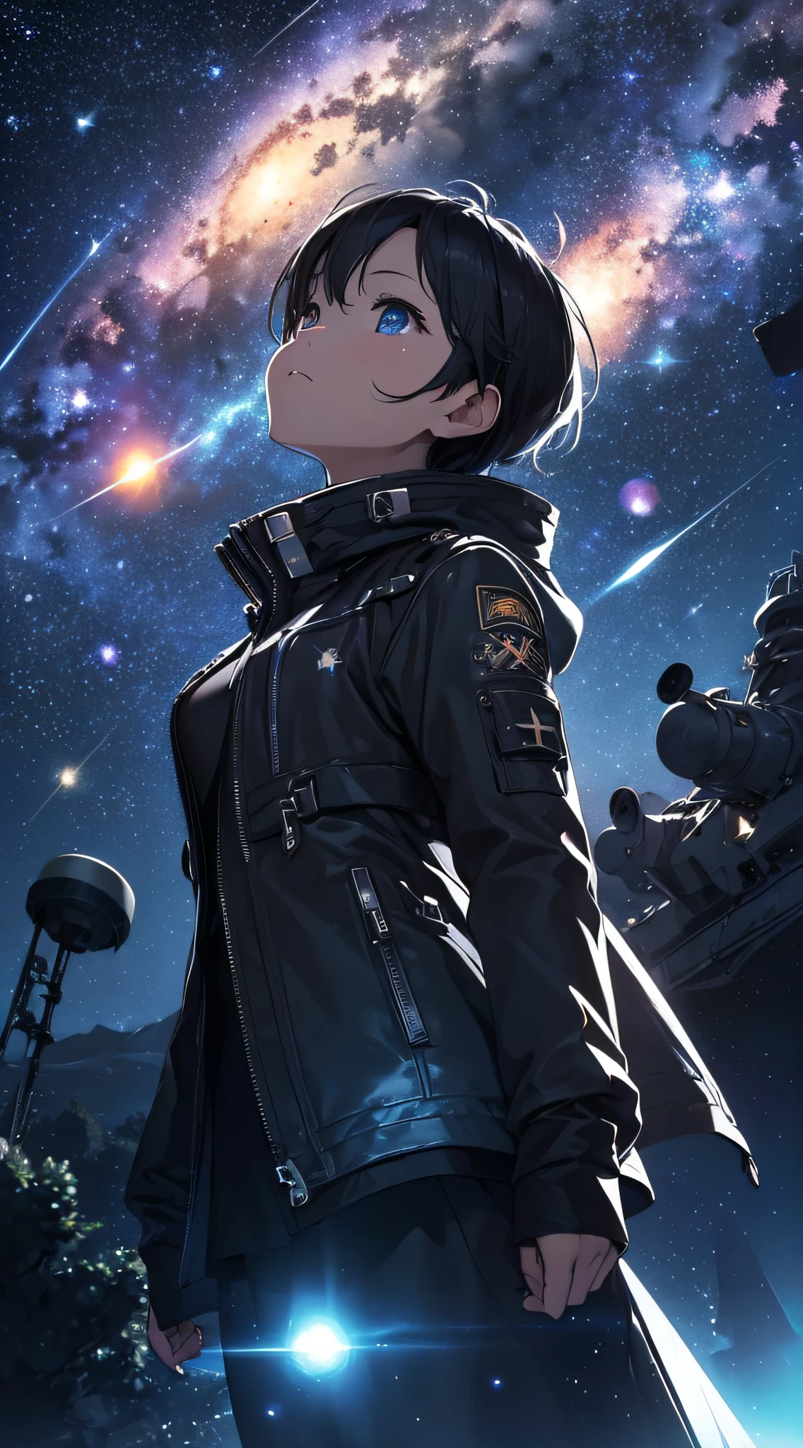 masterpiece、Background with((Fantastic starry sky、meteors、black hole))、Depth((planetes、Luminescent))、Looking up