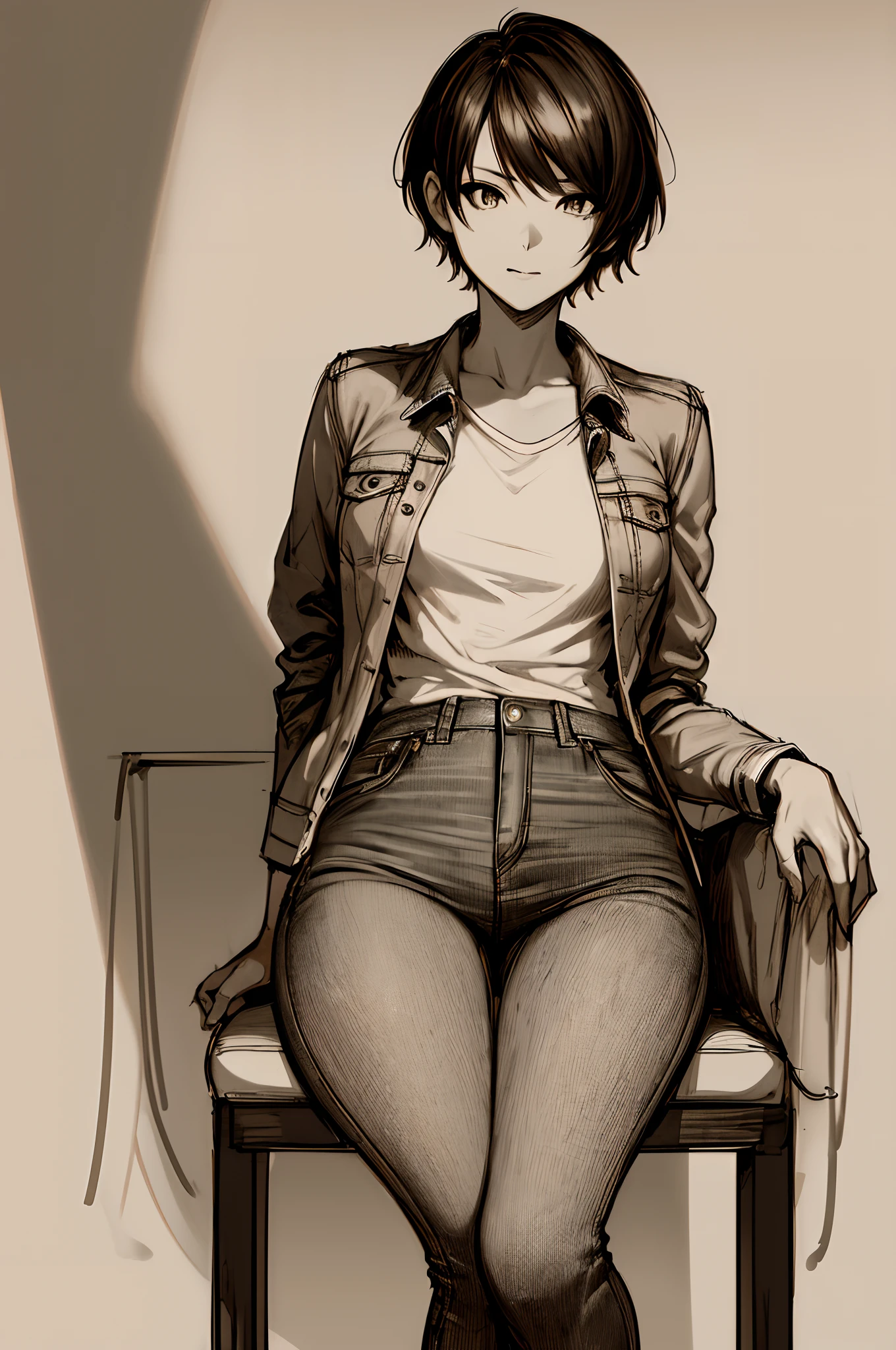 UHD, anatomically correct, super detail, award winning, masterpiece,tachi-e,sketch_style, (1 girl,short hair,wearing Jacket and jeans,sitting on a chair), solo, ink, sketch