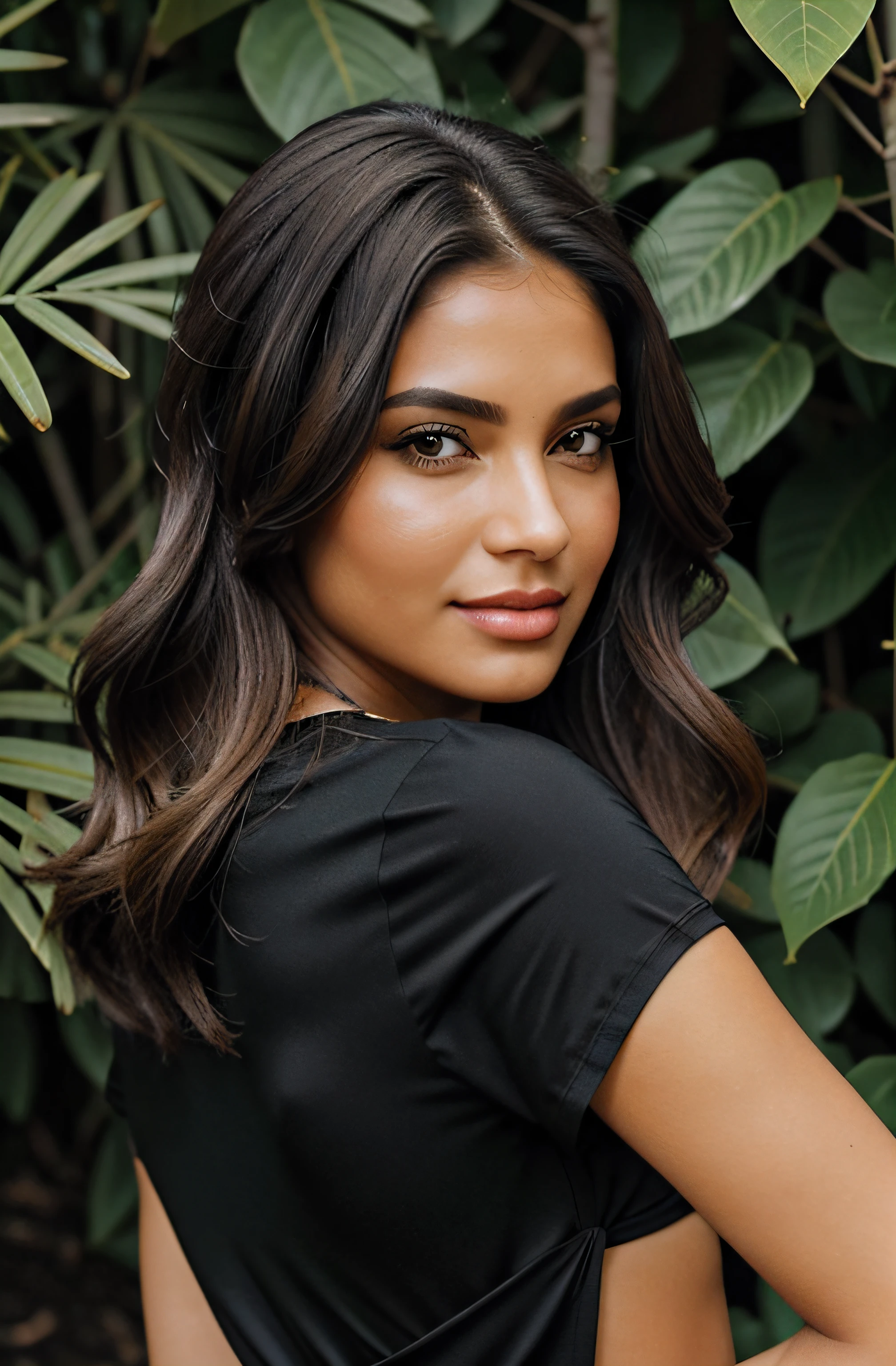 1 mulher adulta, cabelo comprido, cabelo cacheado, cabelo cor preto, pele suave, olhos castanhos, sorrir, vegetation, Occasional, conjunto xadrez , realista